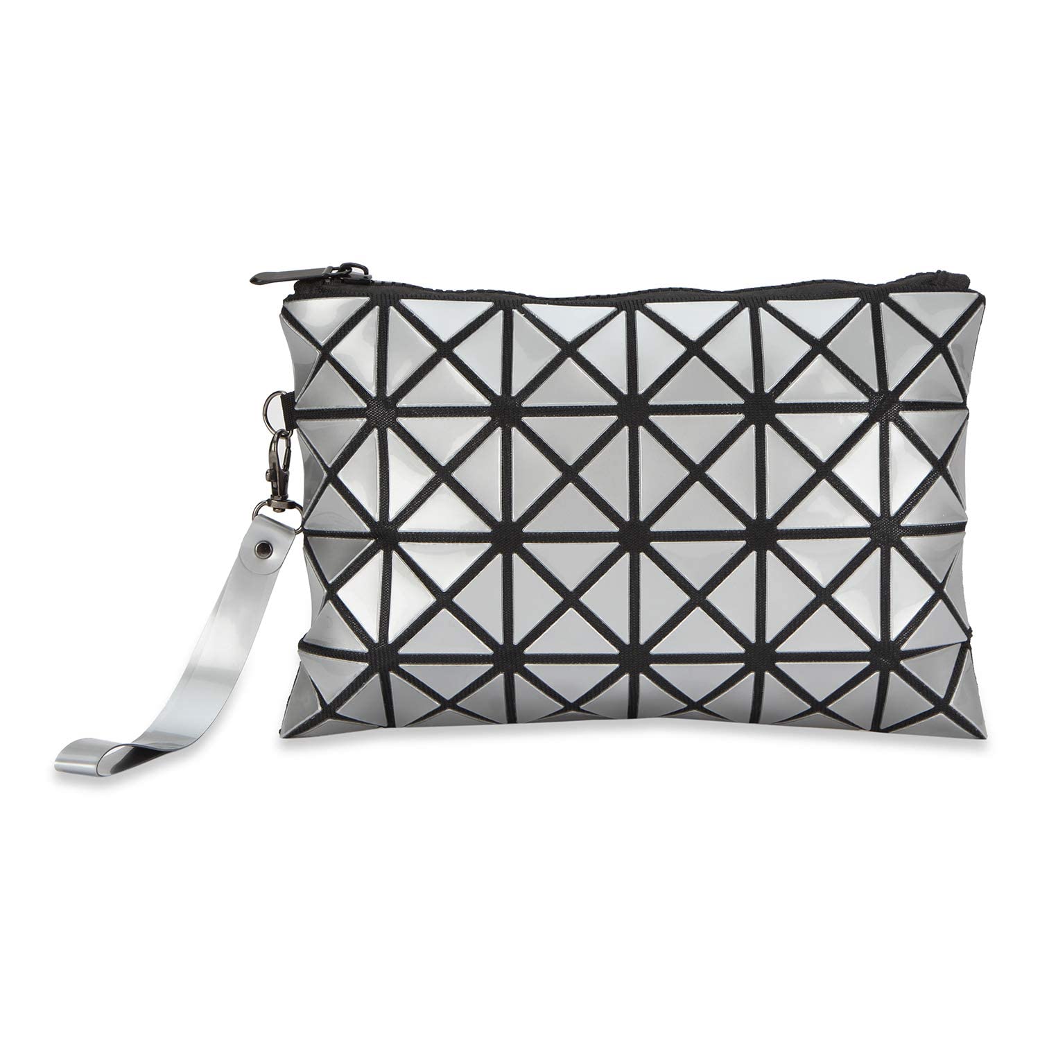 Vibgyor Geometric Design Makeup Pouch for Women - Stylish Travel Cosmetic Bag Organizer for Makeup Accessories & Vanity Essentials - Perfect for Girls' Travel, Daily Use & Gift (Silver)