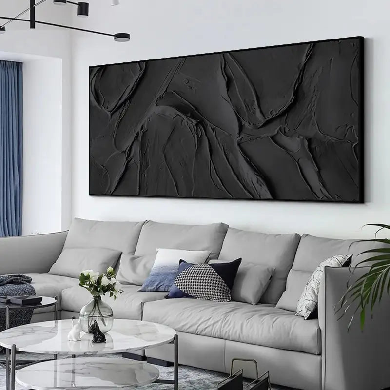 Black Plaster Art Minimalist Textured Painting - Modern Abstract Wall Decor for Living Room, Bedroom & Office | #MZ020
