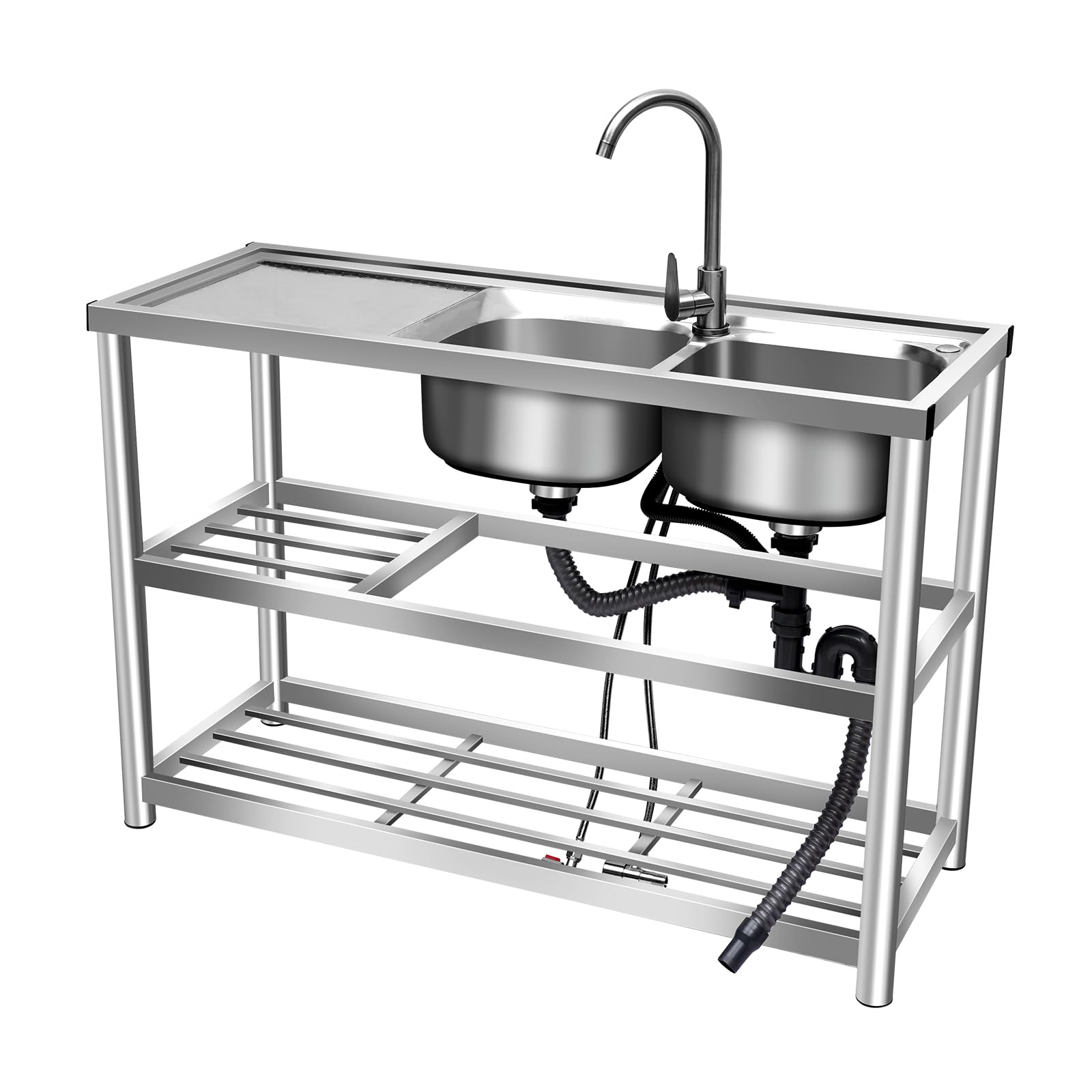 Stainless Steel Double Bowl Commercial Kitchen Sink Set with Faucet & Drainboard - 2 Compartment Utility Sink for Restaurant, Food Prep & Hand Washing - Includes Workbench & Storage Shelves for Organized Workspace