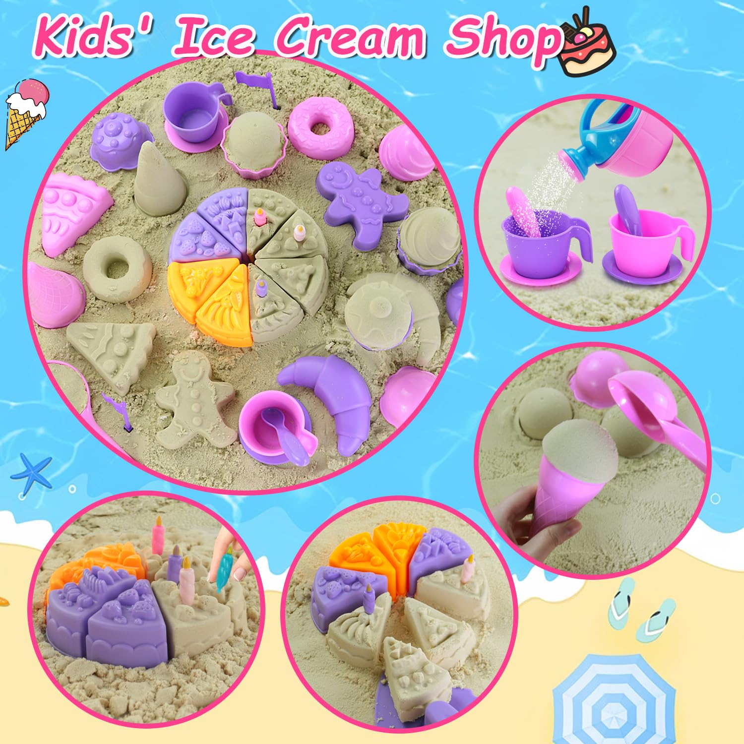 50Pcs Beach Sand Toys Set with 2 Collapsible Buckets, Mesh Backpack, Shovels & Sand Molds (Castle, Ice Cream, Cake) - Outdoor Travel Sandbox Toys for Kids Toddlers Girls - Perfect for Beach Trips, Backyard Play & Summer Activities