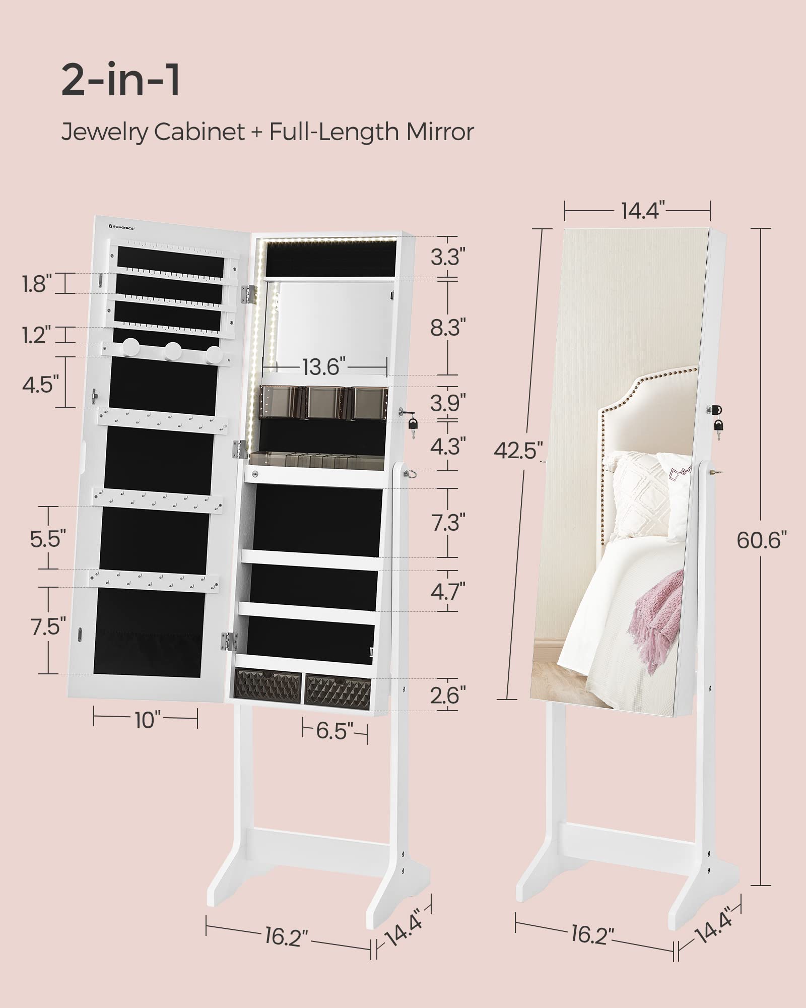 SONGMICS Full-Length LED Jewelry Cabinet with Mirror - White Standing Armoire Organizer with 2 Drawers & Lock, Frameless Design for Bedroom & Closet Storage | Perfect for Jewelry Display, Makeup Vanity & Home Decor