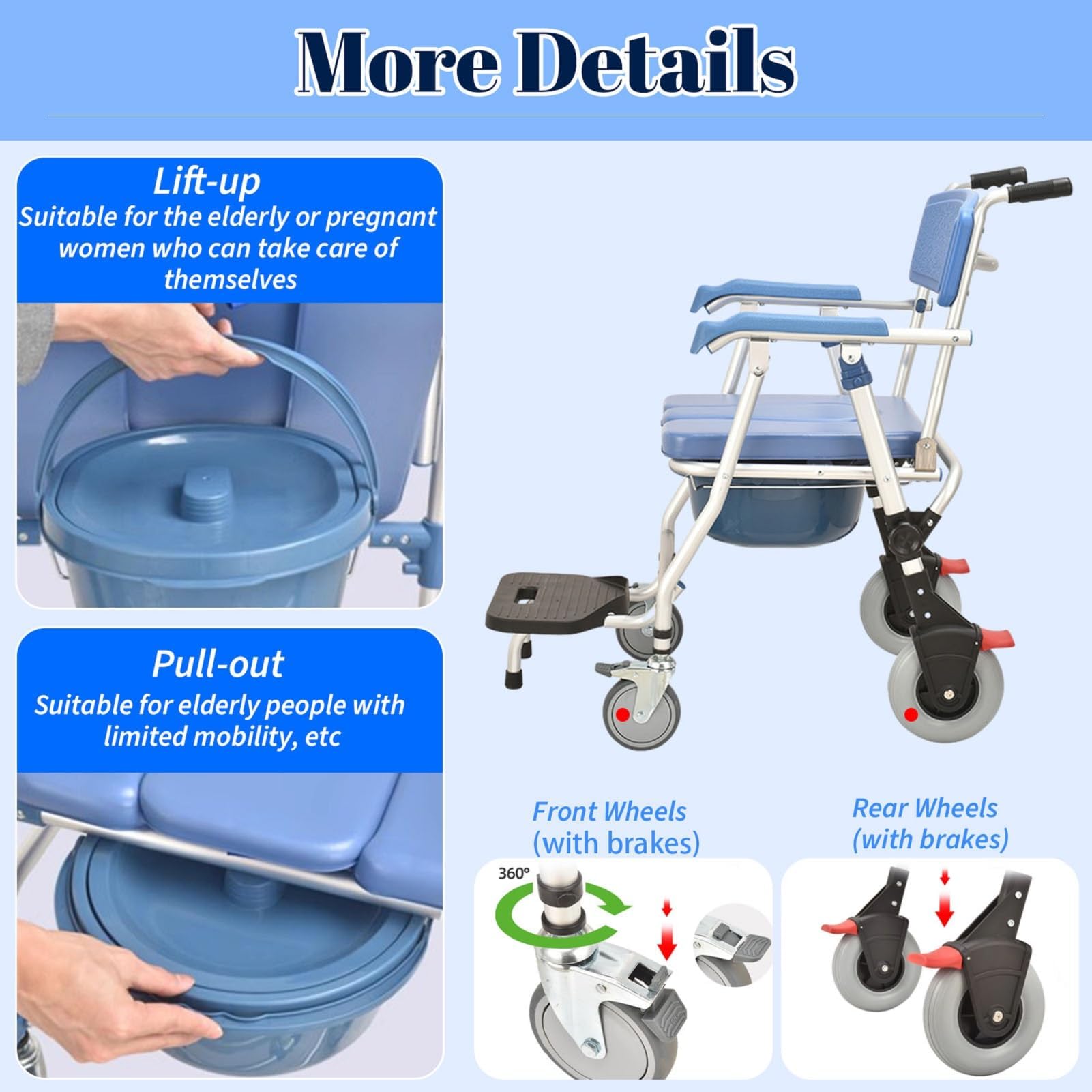 4-in-1 Folding Shower Commode Chair with Locking Wheels & Removable Bucket - Adjustable Height Mobile Toilet Chair for Elderly & Disabled - Ideal for Bathroom Safety, Post-Surgery Recovery & Home Care Use
