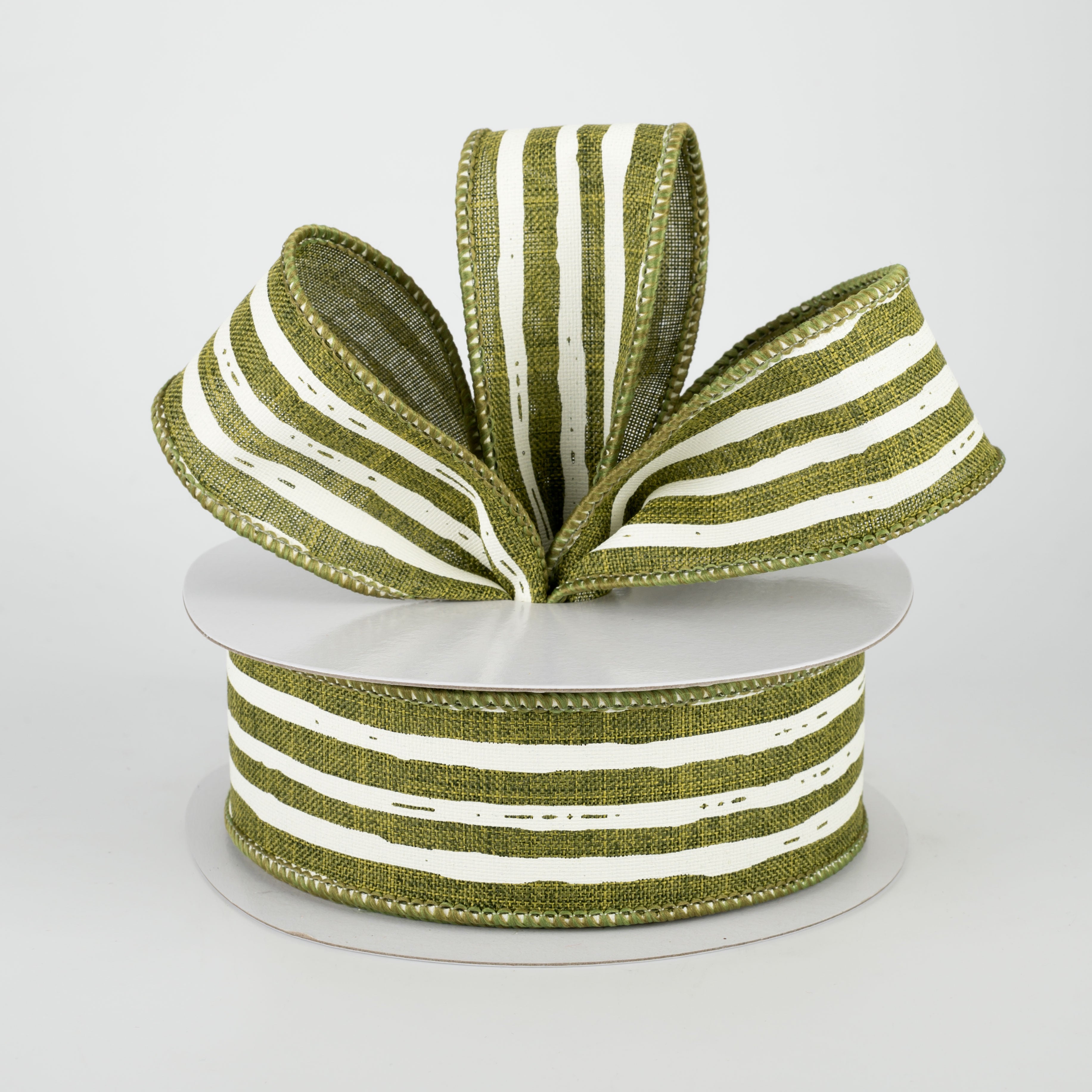 1.5 Inch Wide Irregular Stripes Ribbon in Moss Green & Cream - 10 Yards Bulk Spool for Gift Wrapping, DIY Crafts, Scrapbooking & Home Decor