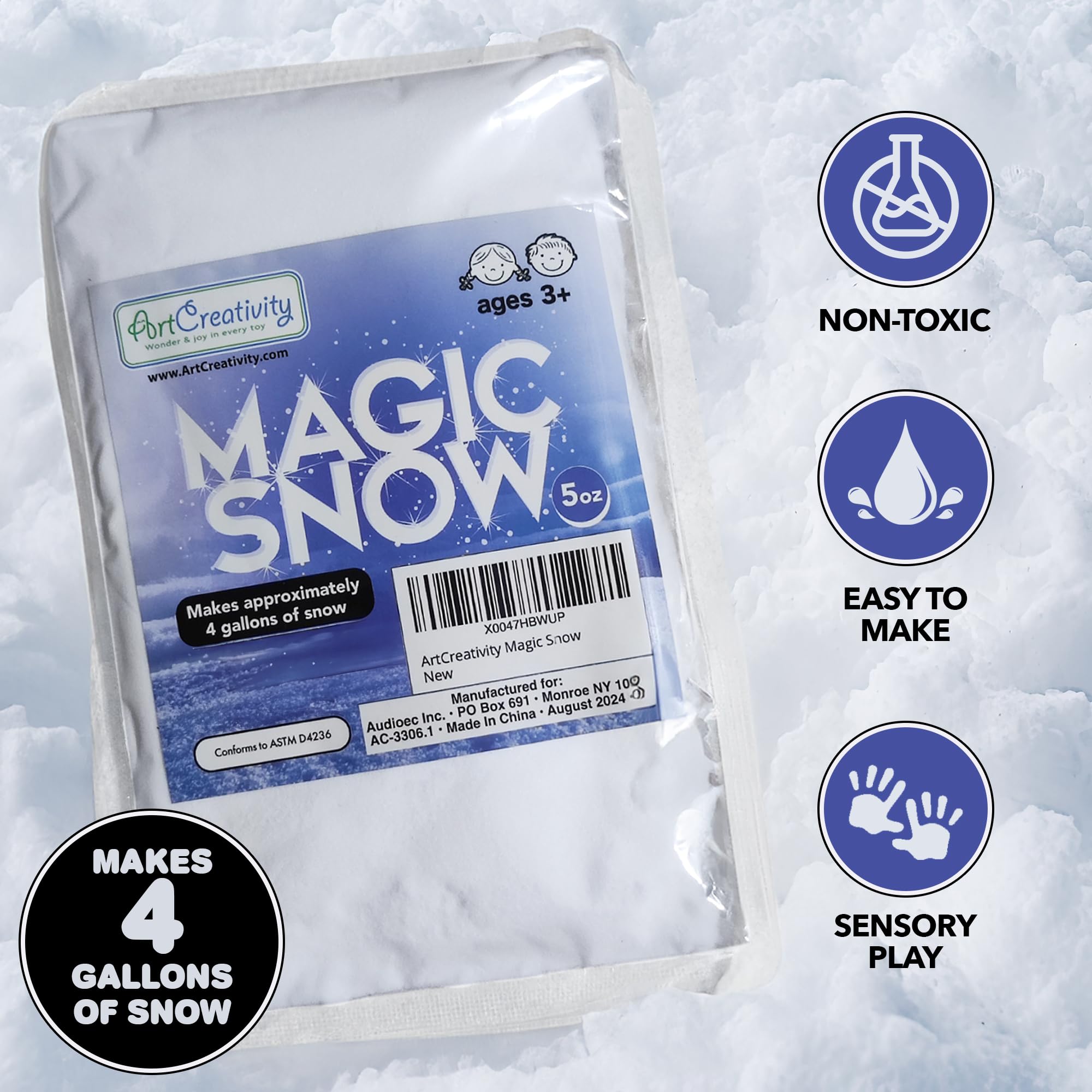 ArtCreativity Instant Snow Powder - 5 Oz Makes 4 Gallons of Fluffy Fake Snow - Safe Non-Toxic Artificial Snow Mix for Kids Science Experiments, Christmas Decorations & Winter Sensory Play - Perfect for DIY Slime, Holiday Crafts & Snow-Themed Party Activities