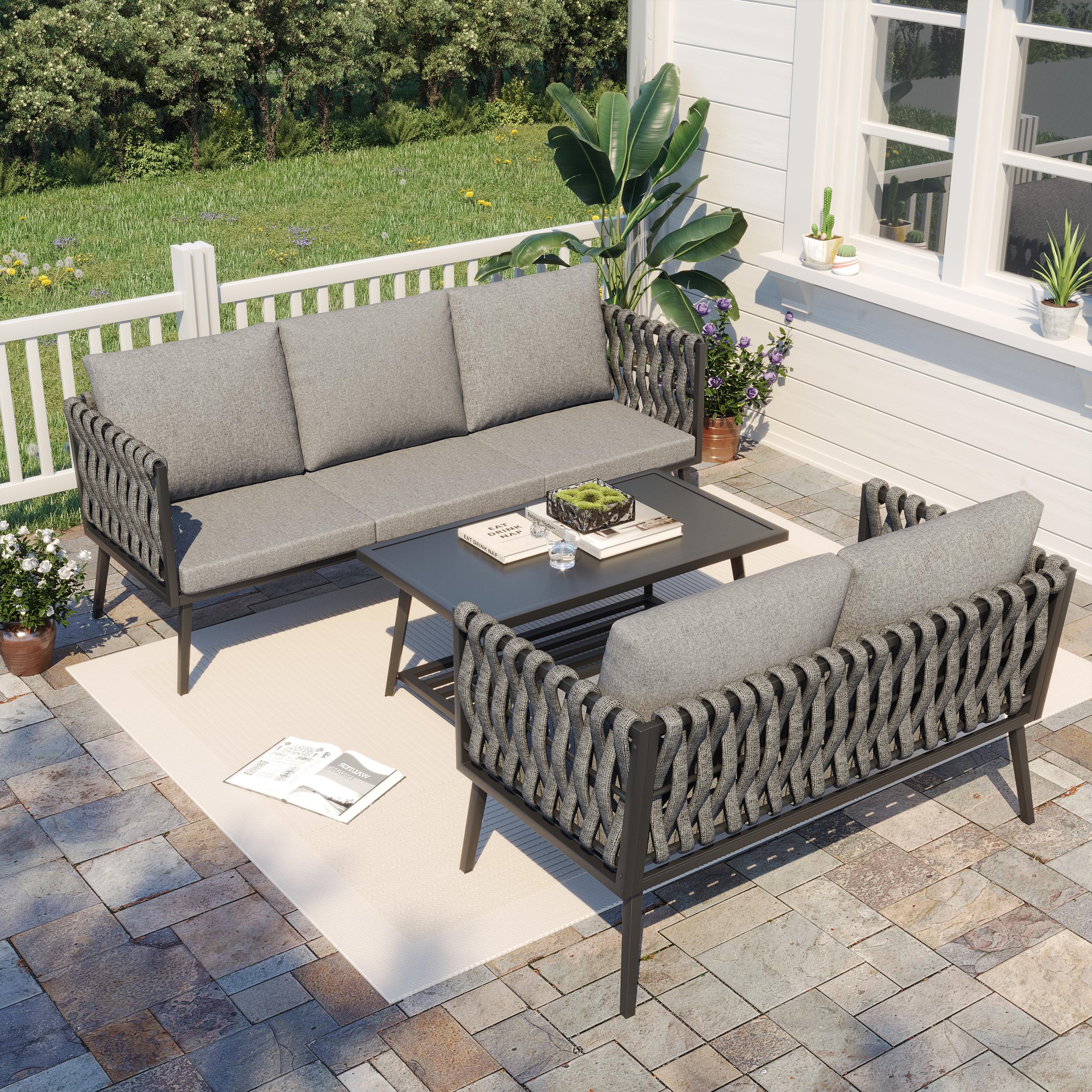 Modern 5-Piece Outdoor Patio Furniture Set - 3-Seater Sofa, Loveseat & Coffee Table - Durable Aluminum Frame with Woven Rope Design - Grey Conversation Set for Garden, Balcony, Yard - Perfect for Outdoor Entertaining & Relaxation