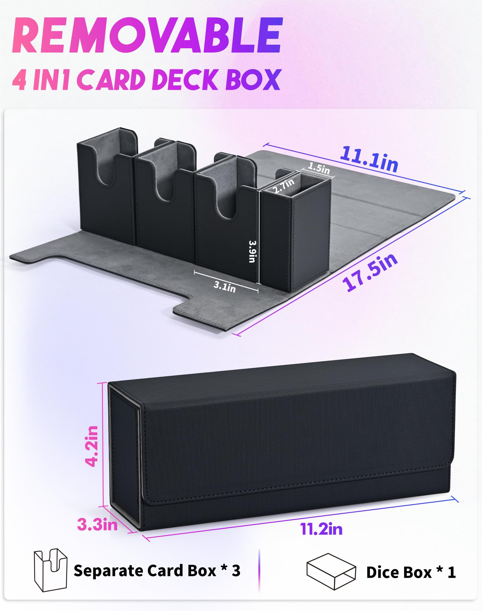 MTG Deck Box with Dice Tray - 4-in-1 Storage Case Holds 600+ Unsleeved Cards | Strong Magnetic Organizer for Yugioh, TCG & Sports Cards (Black) | Perfect for Game Nights, Tournaments & Card Collectors