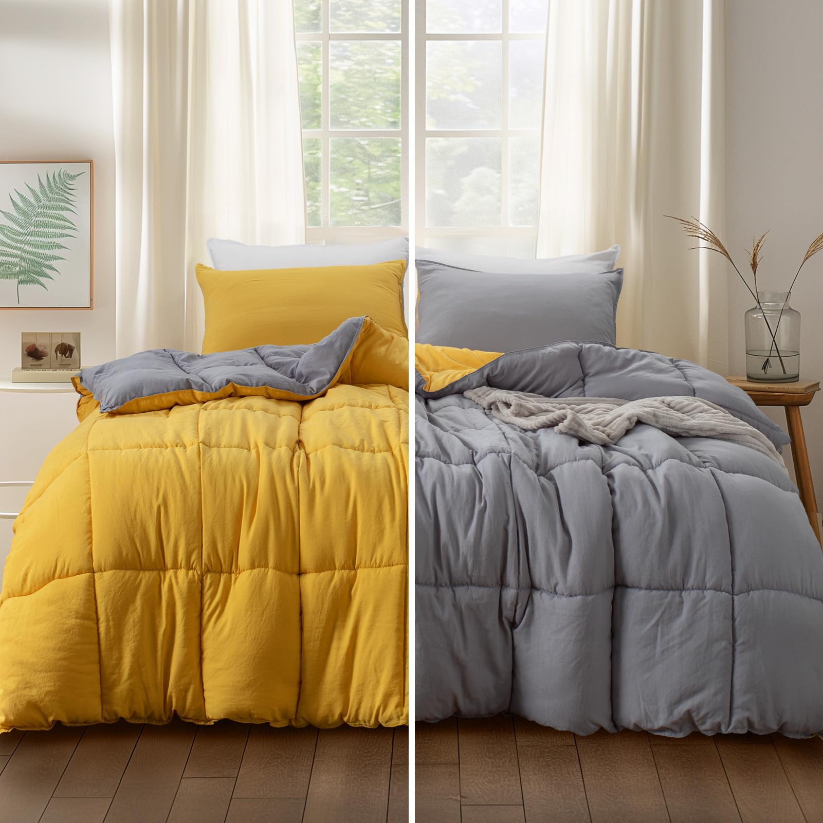 KASENTEX Twin Size Comforter Set - Reversible Down Alternative Duvet Insert with Corner Ties | Ultra Soft Lightweight All-Season Bedding | Machine Washable (Yellow/Grey) for Kids Room, Guest Bedroom & Dorm Decor