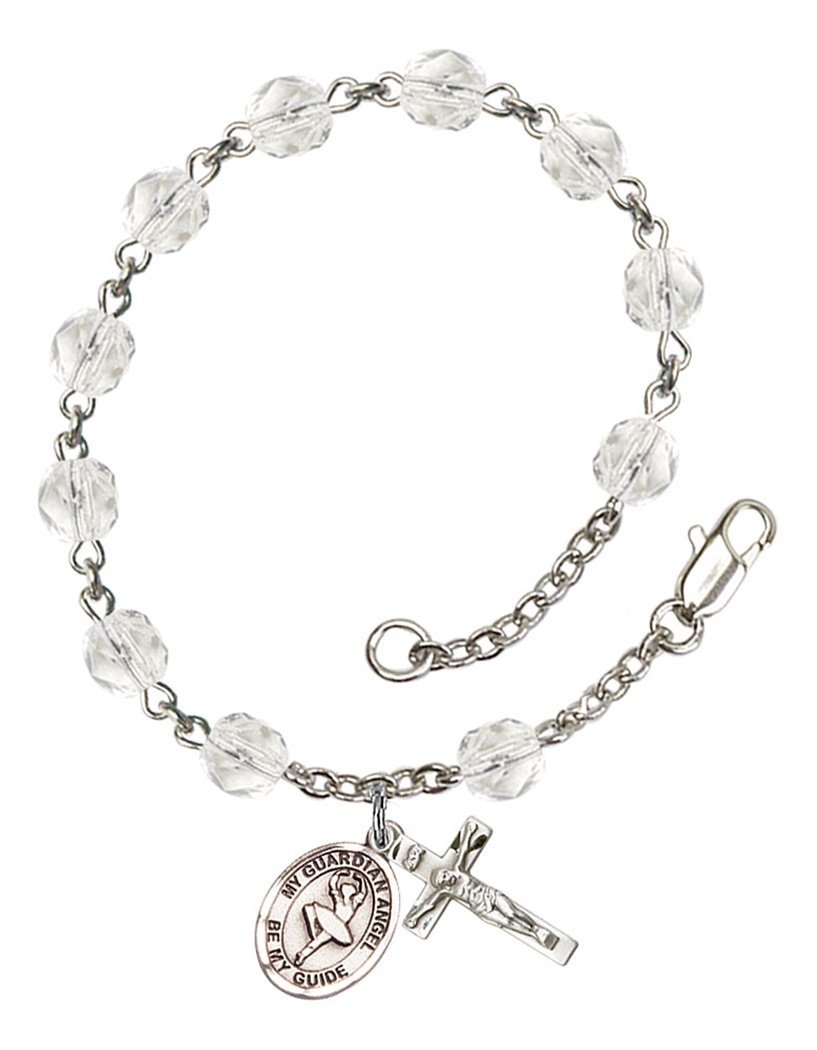 April Birthstone Bead Rosary Bracelet with Guardian Angel Charm - 7.5 Inch Catholic Prayer Jewelry for Women - Perfect for Baptism, First Communion & Spiritual Gifts