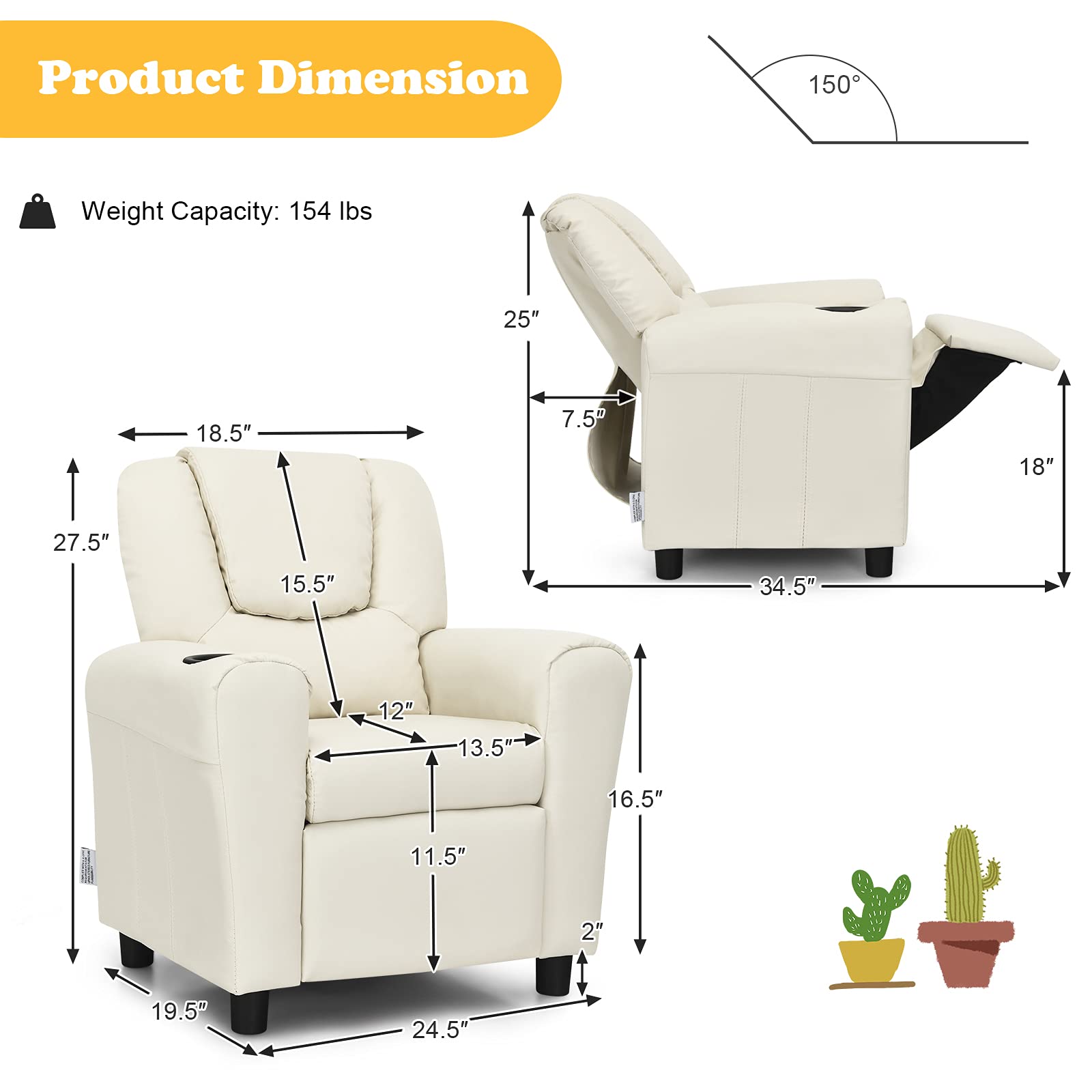 Costzon Kids Recliner Chair with Cup Holder - PU Leather Toddler Armchair with Headrest & Footrest for Boys & Girls - Comfortable Children's Sofa for Bedroom, Playroom & Nursery - Beige Reclining Chair for Reading, TV Watching & Relaxing