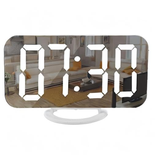 SZELAM Large Digital Alarm Clock with LED Display - Mirror Surface for Makeup, 3-Level Brightness & Dimming Mode, Dual USB Charging Ports - Modern Home & Bedroom Decor (White) - Perfect for Nightstands, Vanity Tables, and Office Desks