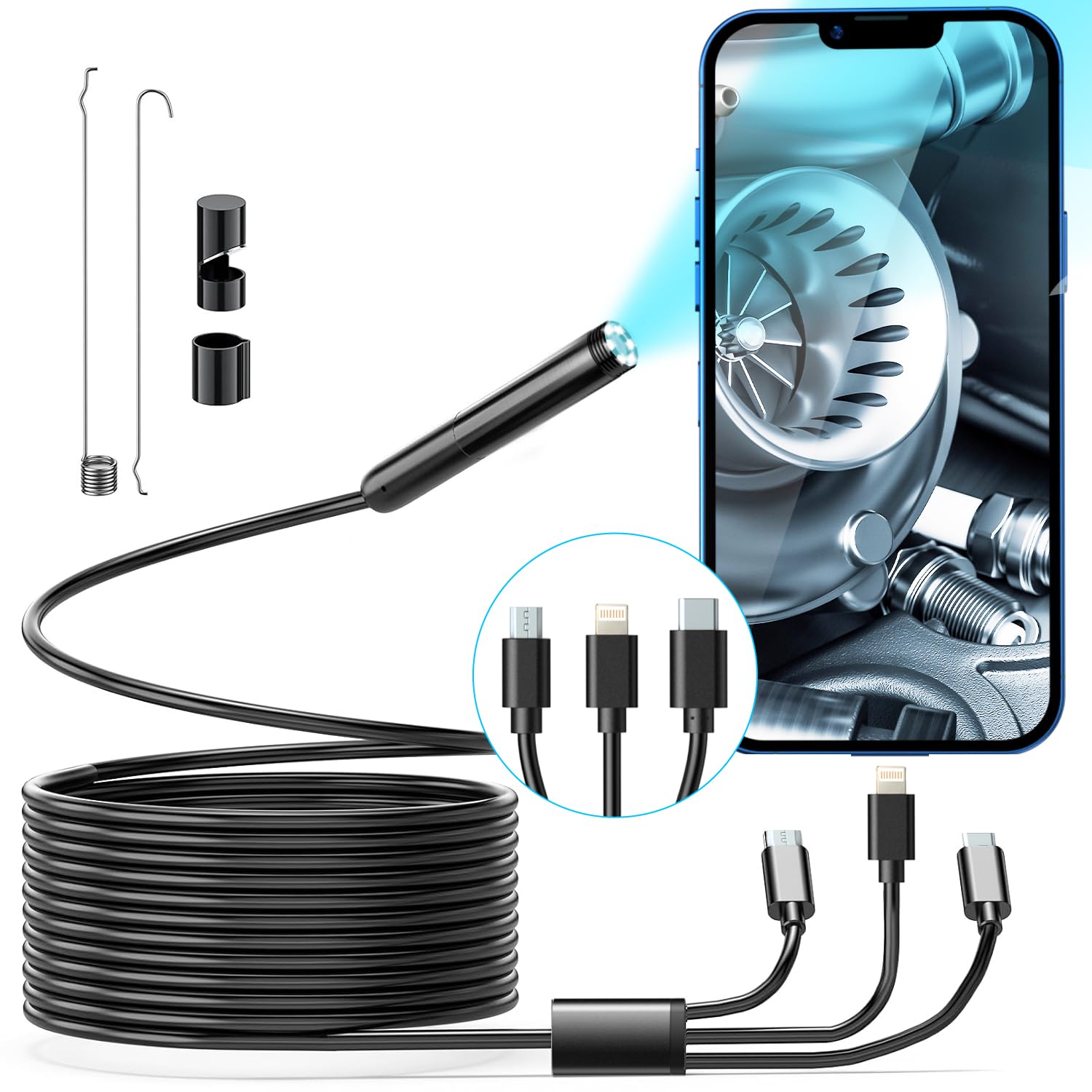 FOXOLA Wireless Endoscope with 6 LED Lights - 7.9mm 3-in-1 USB Borescope Camera, IP67 Waterproof Inspection Camera for Android & iPhone (Type-C/Micro/Lightning, 10ft) - Perfect for Plumbing, HVAC, Automotive & Home Maintenance
