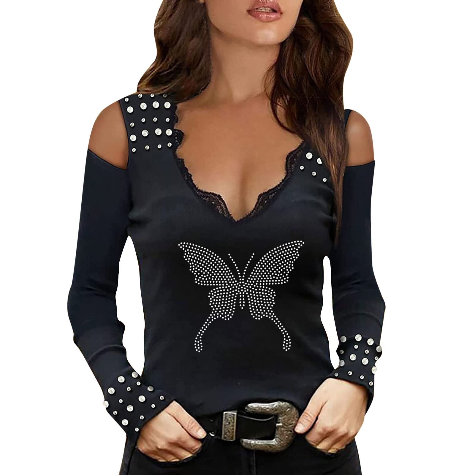 Elegant Women's Lace V-Neck Long Sleeve Blouse with Diamond Print - Plus Size Casual Tops for Work, Date Night & Special Occasions