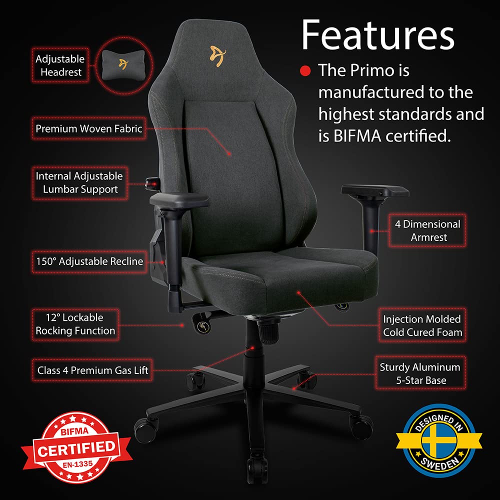 Arozzi Primo Premium Woven Fabric Gaming Chair - Ergonomic High Back Office Chair with 4D Adjustable Armrests, Recliner, Swivel & Tilt Function, Built-in Lumbar Support & Neck Pillow - Dark Grey with Gold Accent - Perfect for Gaming, Working & Home Office Setup