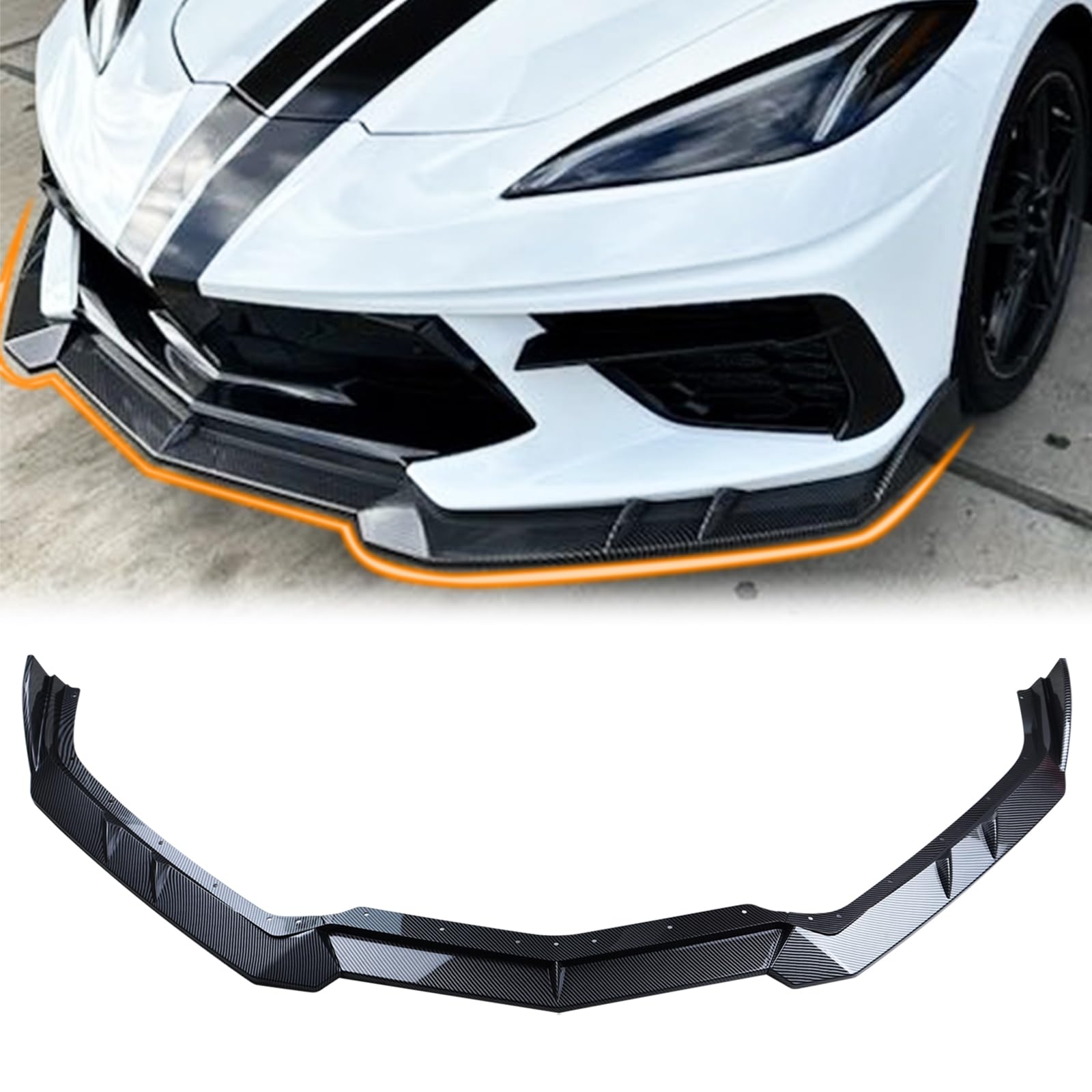 Glossy Carbon Fiber Front Bumper Lip Splitter Spoiler for 2020-2025 Chevy Corvette C8 - Enhance Aerodynamics & Style for Street Racing & Car Shows