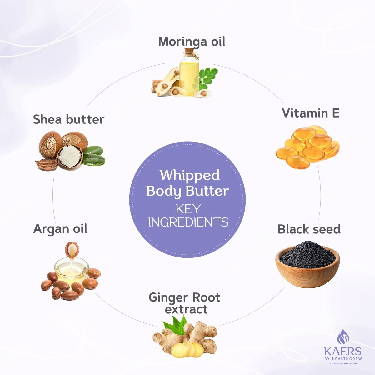 Kaers by Healthcrew Whipped Body Butter with Black Seed Oil & Argan Oil - Vitamin E Enriched Moisturizing Cream for Dry Skin | Ultra Hydrating & Nourishing | Perfect for Daily Skincare Routine, After Shower & Night Care - 3.5oz (100g) Pack of 1