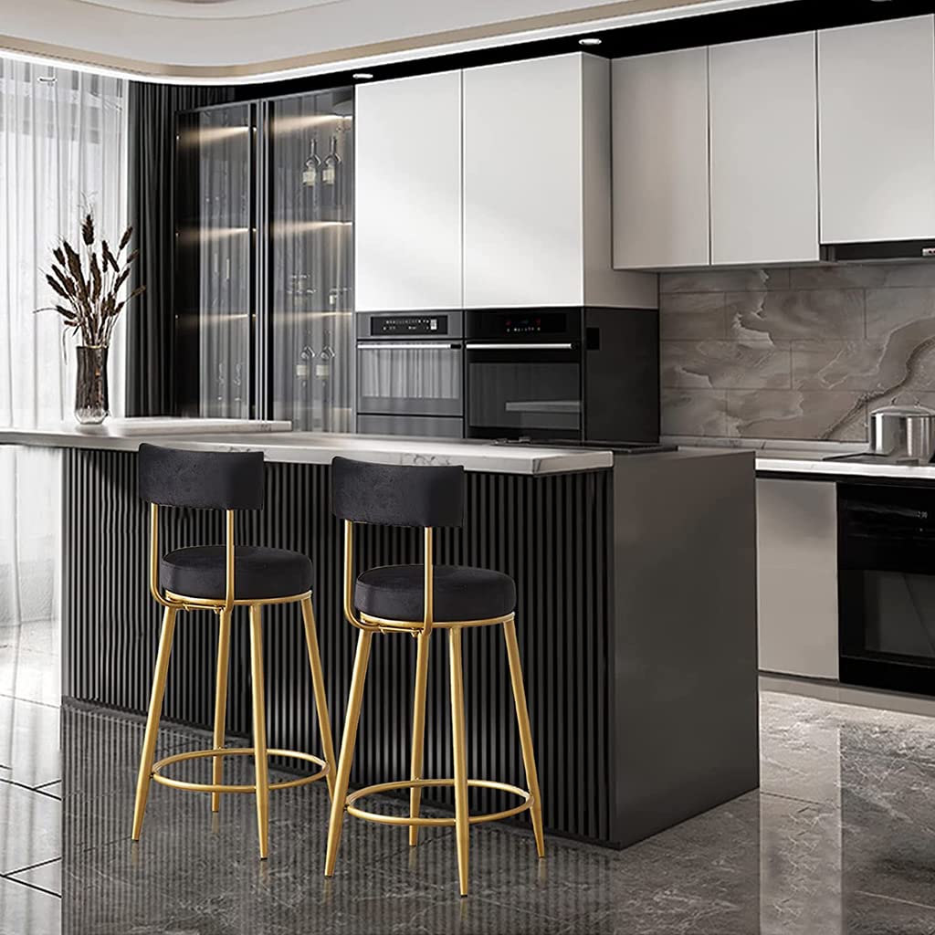 Velvet Upholstered Modern Bar Stools with Golden Metal Legs & Footrest - Counter Height Kitchen Island Stools for Breakfast Nook, Home Bar, Pub & Restaurant Dining