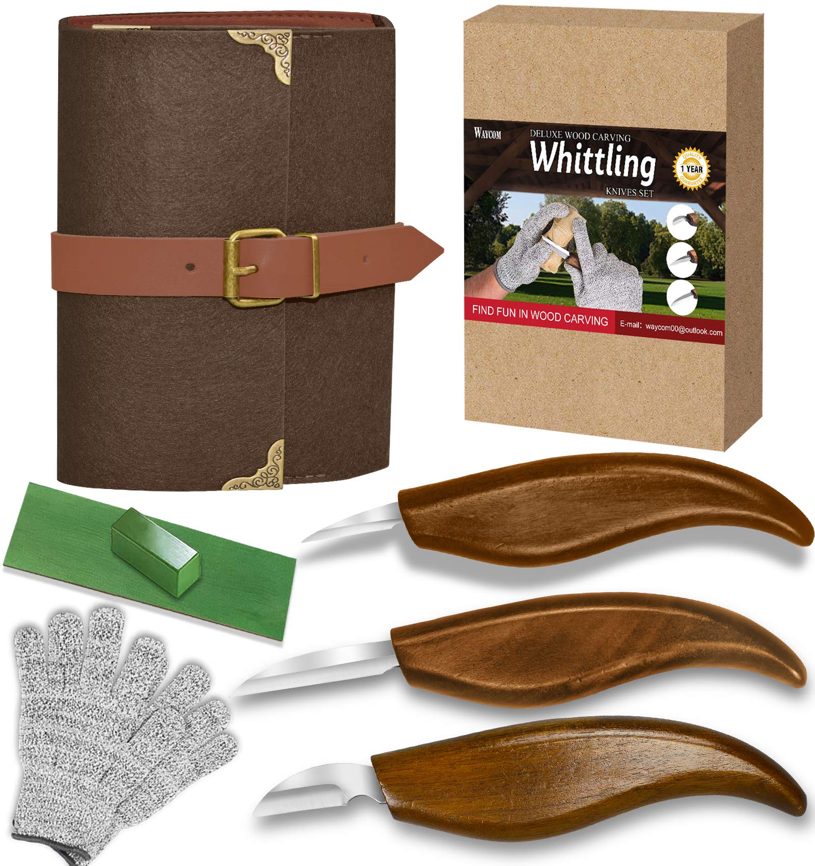 WAYCOM 8-Piece Wood Carving Kit for Beginners - Premium Whittling Tools Set with Detail Knives, Chip Carving Knives & Cut-Resistant Gloves in Luxury Leather Case - Perfect for DIY Woodworking, Hobby Crafting & Gift Giving