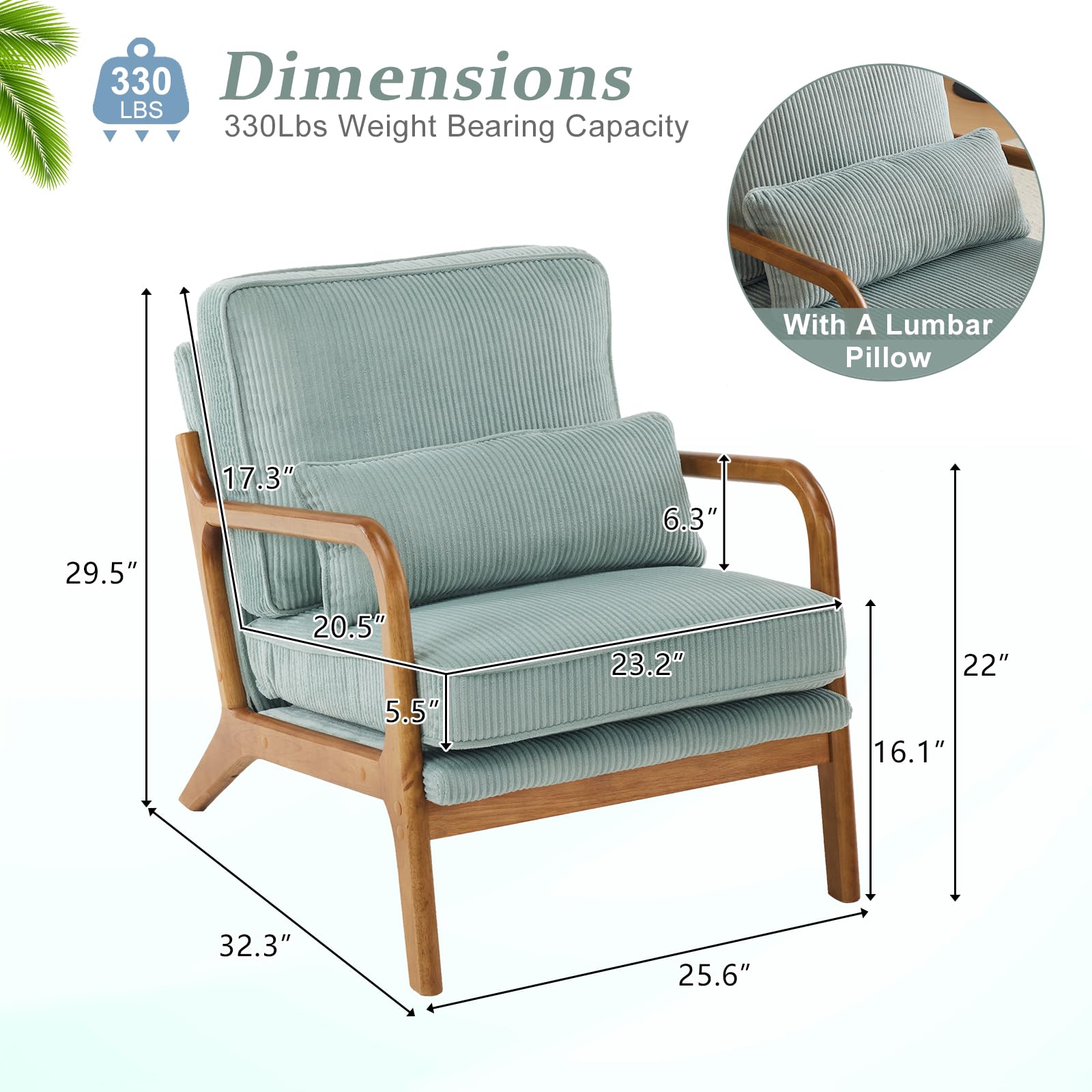 Upgraded Premium Corduroy Accent Chair - Mid Century Modern Upholstered Armchair with Solid Wood Frame & Lumbar Pillow - Comfortable Reading Chair for Living Room, Bedroom, Guest Room - Light Teal - Perfect for Relaxing, Reading & Home Decor