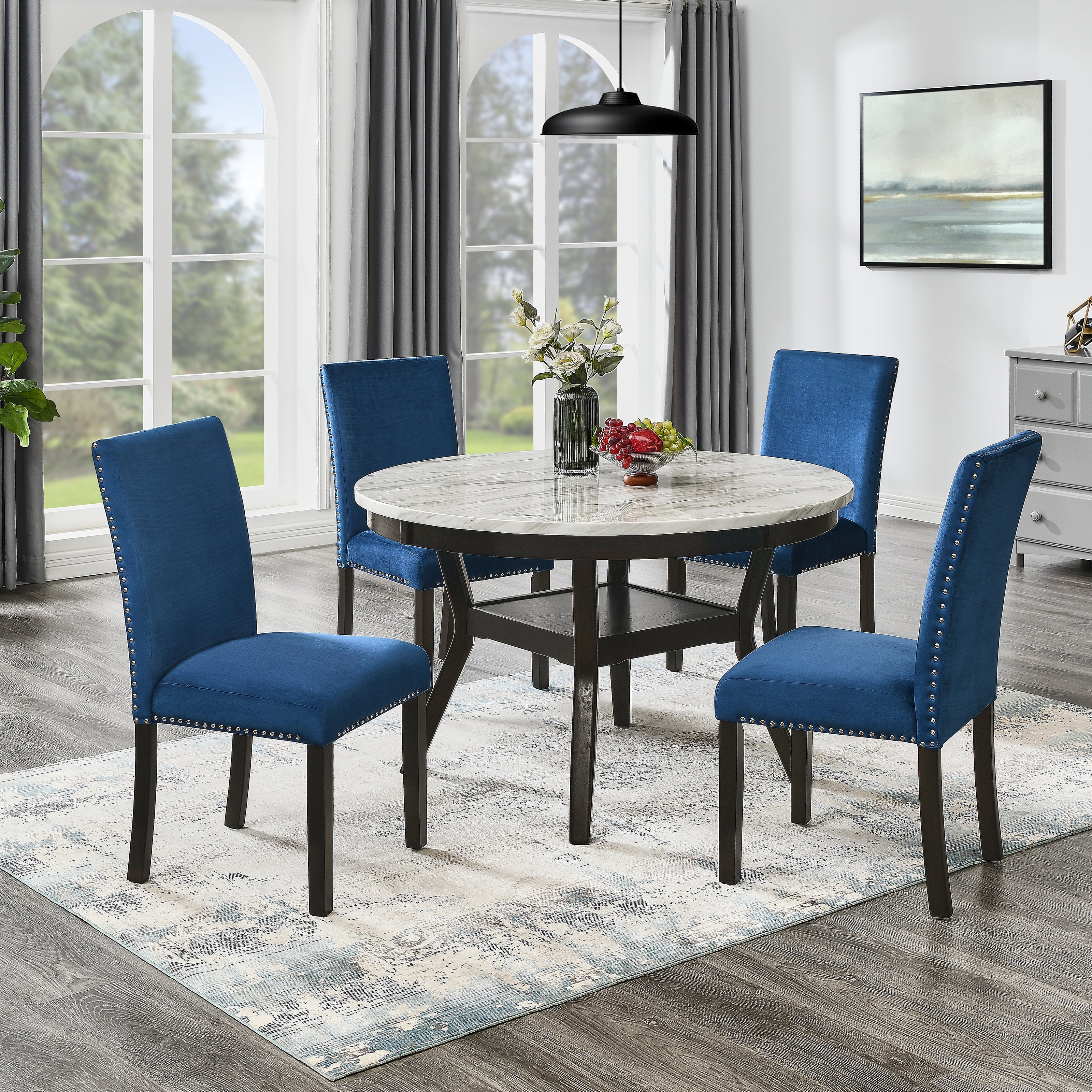 Roundhill Furniture 5-Piece Mella Dining Set - Round Faux Marble Table with 4 Velvet Parsons Chairs, Dark Espresso Finish - Perfect for Small Spaces, Breakfast Nooks & Modern Apartments