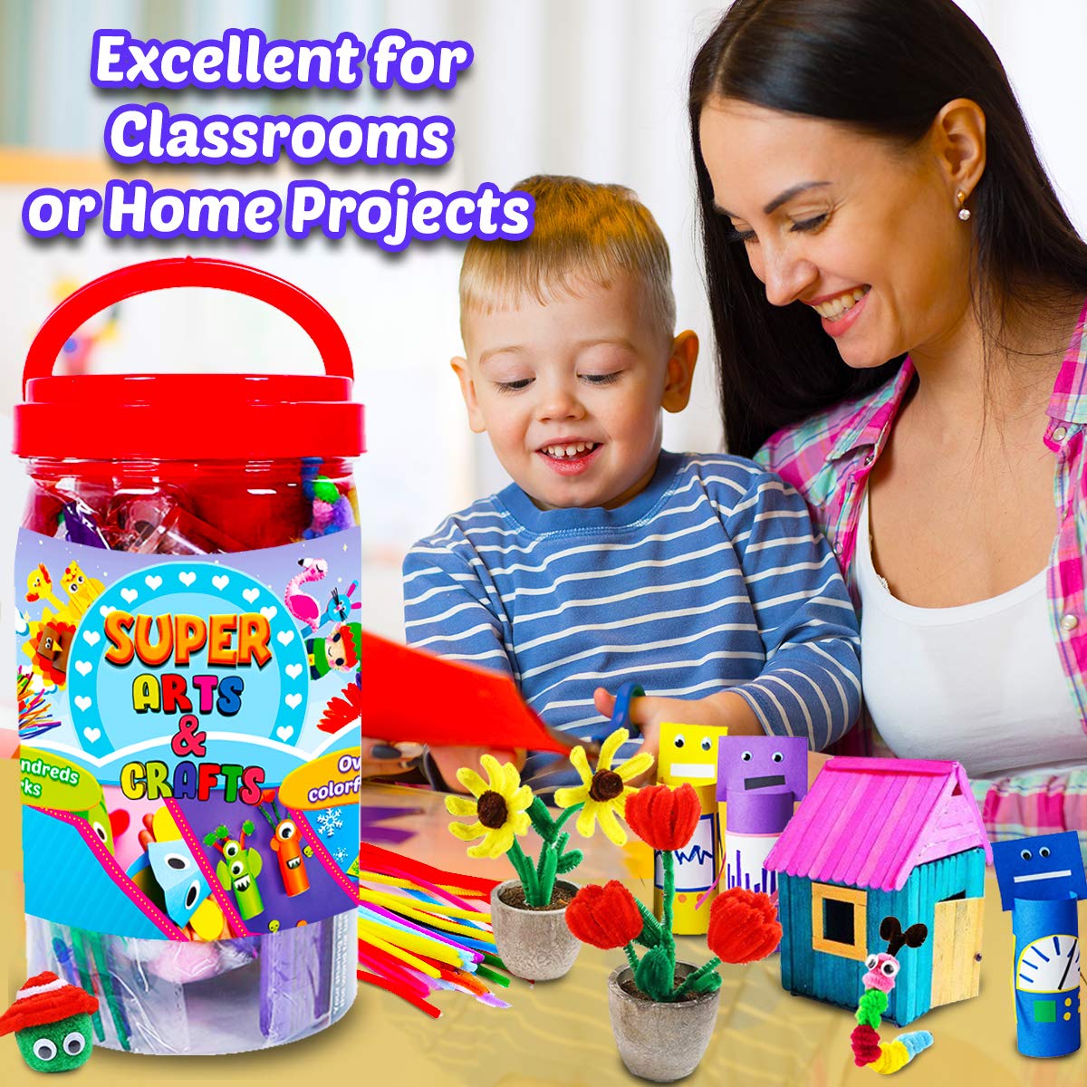 Goody King Arts and Crafts Supplies Kit for Kids Ages 4-10 - DIY Craft Jar with 200+ Materials for Toddler, Preschool & Classroom Projects - Creative Collage Art Set for Home, School & Party Activities