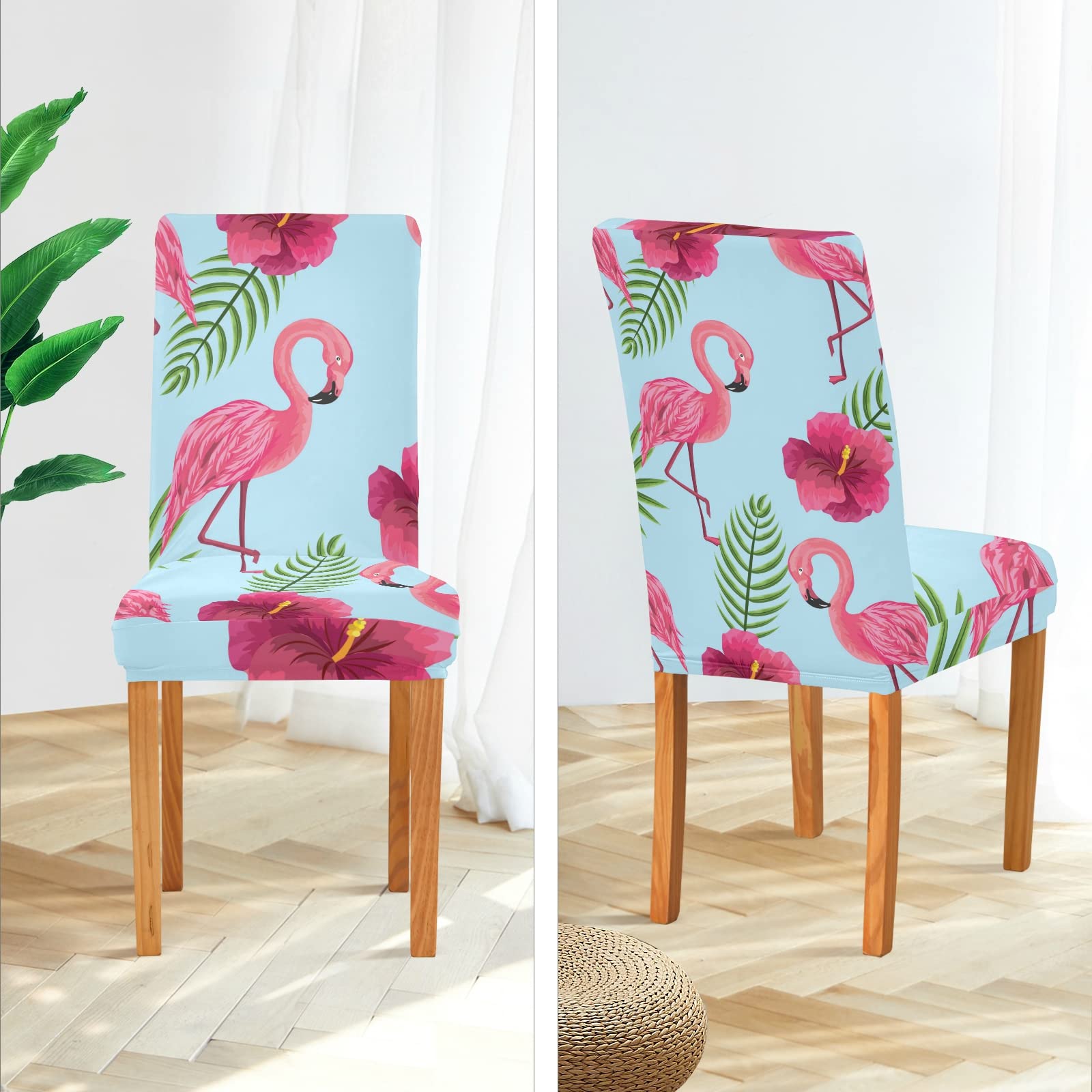 Flamingo Palm Leaves Dining Chair Covers Set of 2 - Washable & Removable Stretch Slipcovers for Dining Chairs - Perfect for Dining Room, Hotel, Wedding, Party & Home Decor