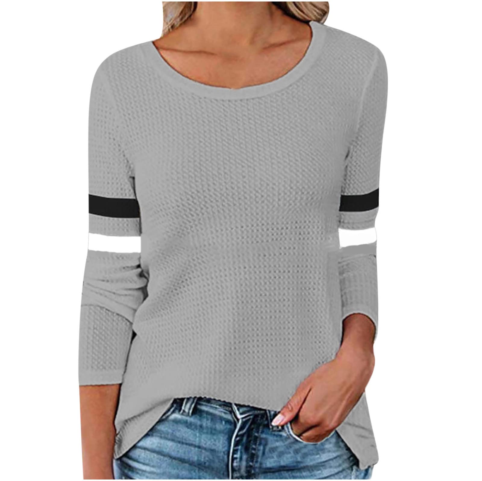 Women's Casual Waffle Knit Shirt - Trendy Striped Patchwork Long Sleeve Blouse - Loose Fit Crewneck Tunic Top for Leggings - Perfect for Fall Layering, Coffee Dates & Weekend Outfits