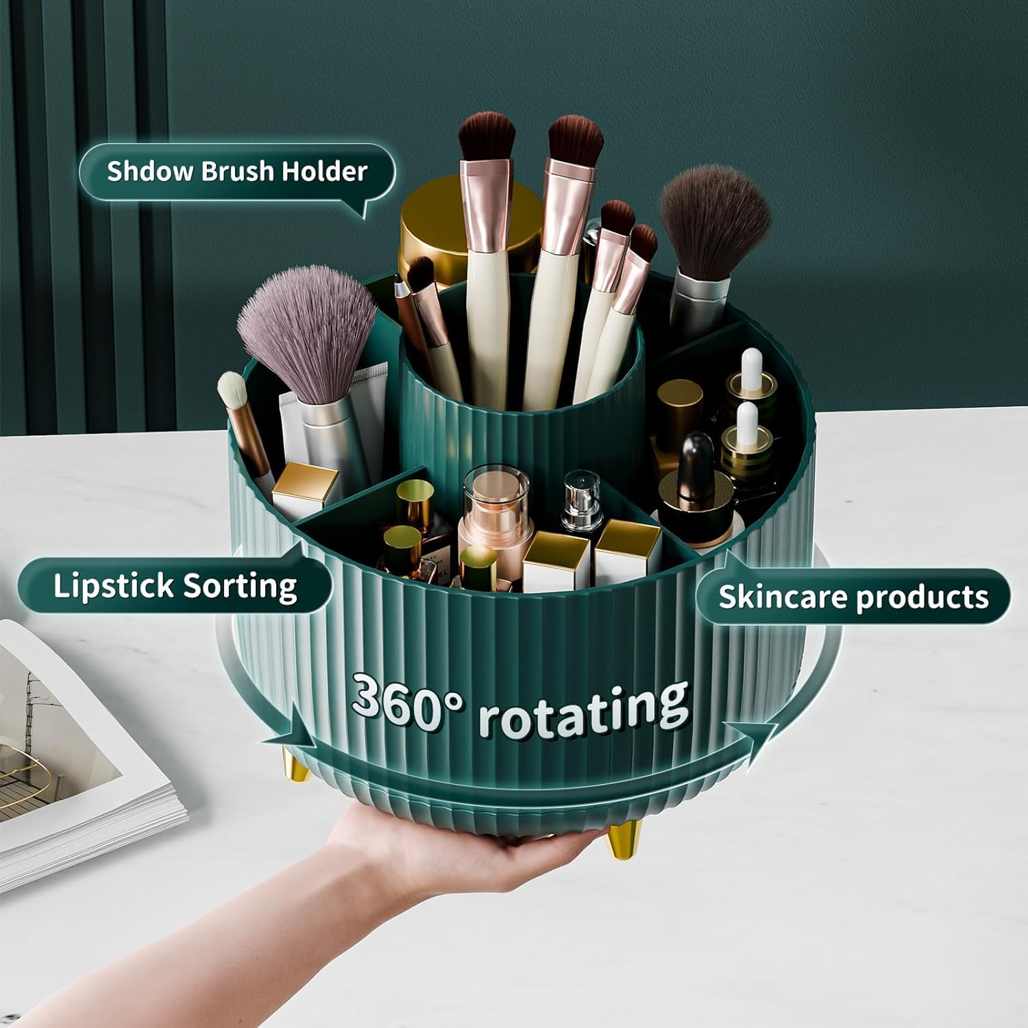 INKULTURE 360° Rotating Makeup Brush Holder Organizer - Countertop Vanity Storage for Cosmetics, Skincare & Beauty Tools | Green Cosmetic Brush Stand for Bathroom, Dressing Table & Desktop | Perfect for Makeup Artists & Beauty Enthusiasts