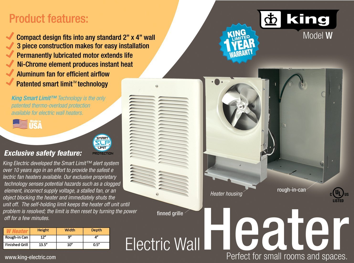 KING W2415-W 1500W/240V Wall Mounted Electric Heater - White - Perfect for Bathroom, Bedroom & Office Heating