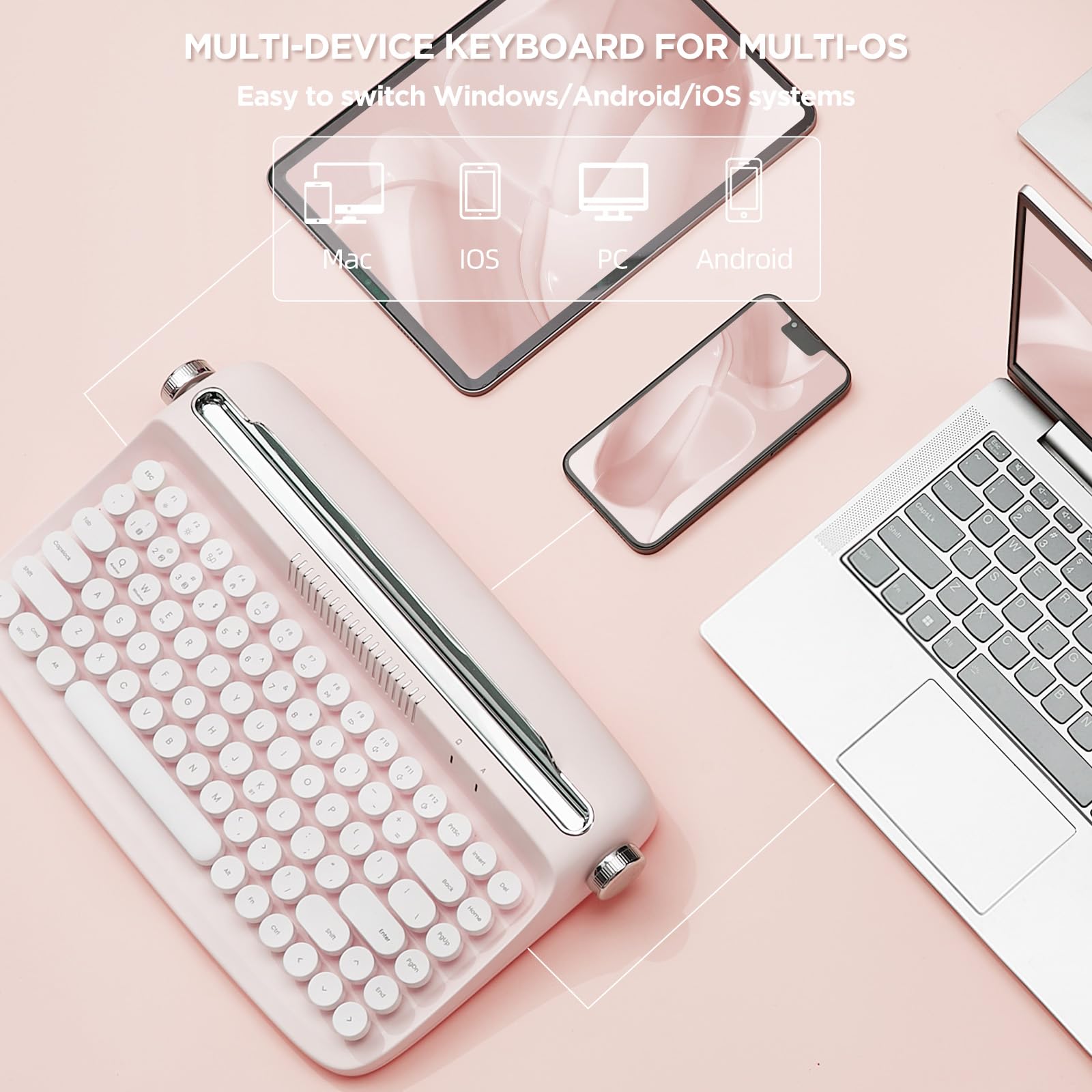YUNZII ACTTO B303 Wireless Typewriter Keyboard - Bluetooth Mechanical Keyboard with Retro Design, Compatible with Tablet/Phone/PC (Windows/Mac/Android), Includes Stand - Baby Pink | Perfect for Typing, Office Work & Creative Writing