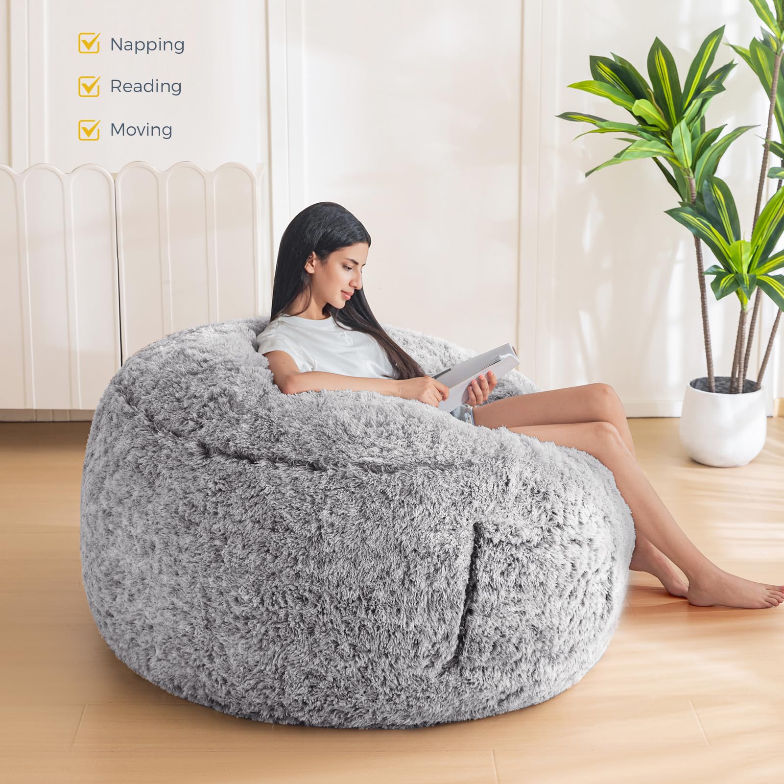 MAXYOYO 4 ft Large Bean Bag Chair for Adults - Ultra Soft Fur Lazy Sofa with Foam Filling for Living Room, Bedroom & Game Room - Machine Washable Cover - Perfect for Relaxing, Lounging & Movie Nights