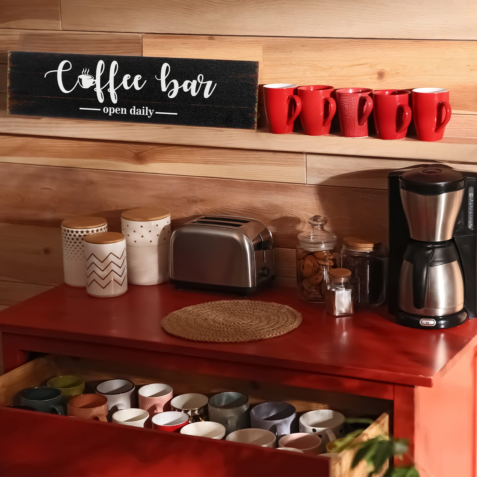 Rustic Wood Coffee Bar Sign - Farmhouse Wall Decor for Coffee Station, 2.95 x 11.8 Inches, Brown Background - Perfect for Kitchen, Café, or Home Bar Décor