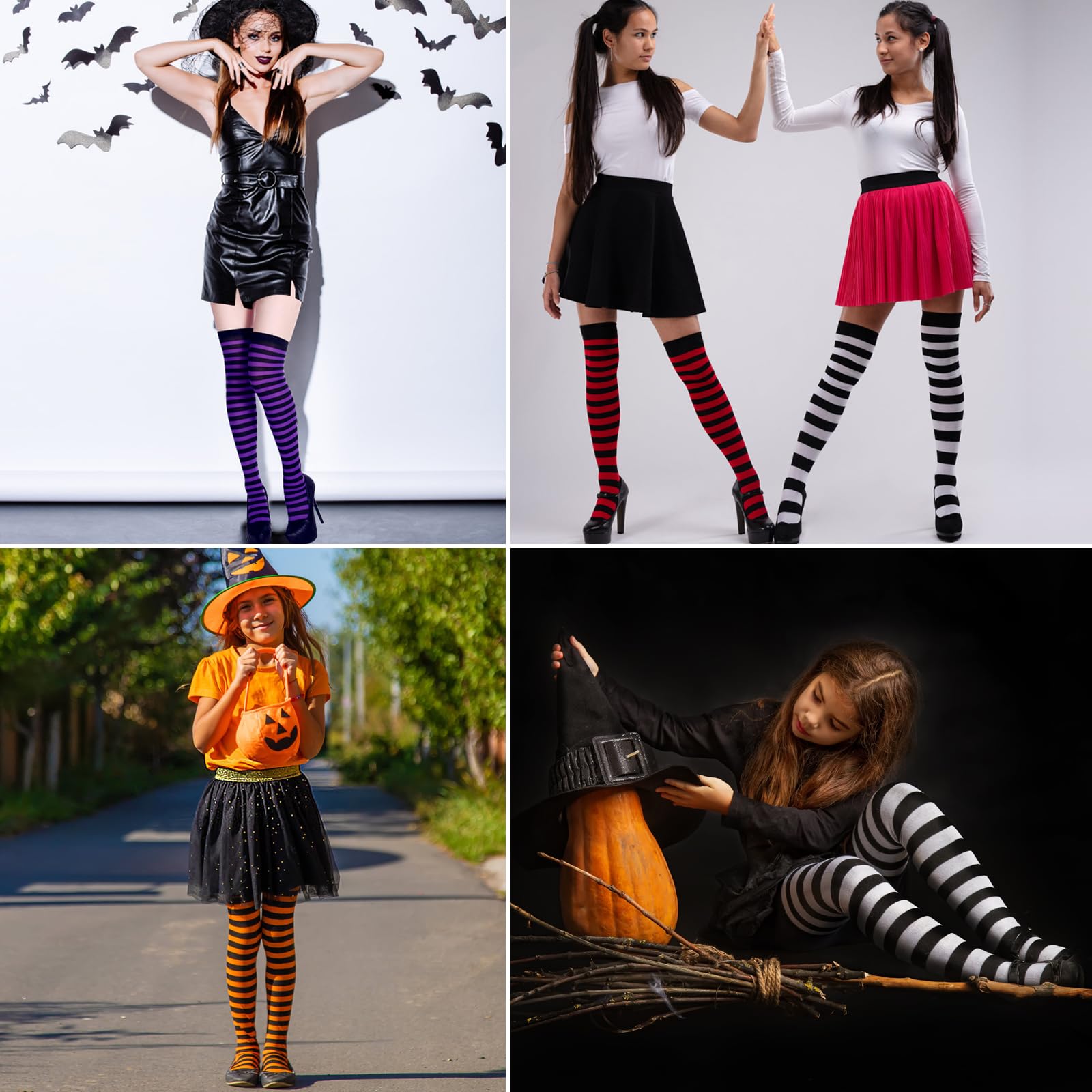 Apragaz 3 Pairs Women's Thigh High Socks - Striped Over The Knee Long Socks for Halloween, Cosplay & Party Outfits (Black, White, Orange, Purple) | Perfect for Witch Costumes, Christmas Stockings & Winter Fashion