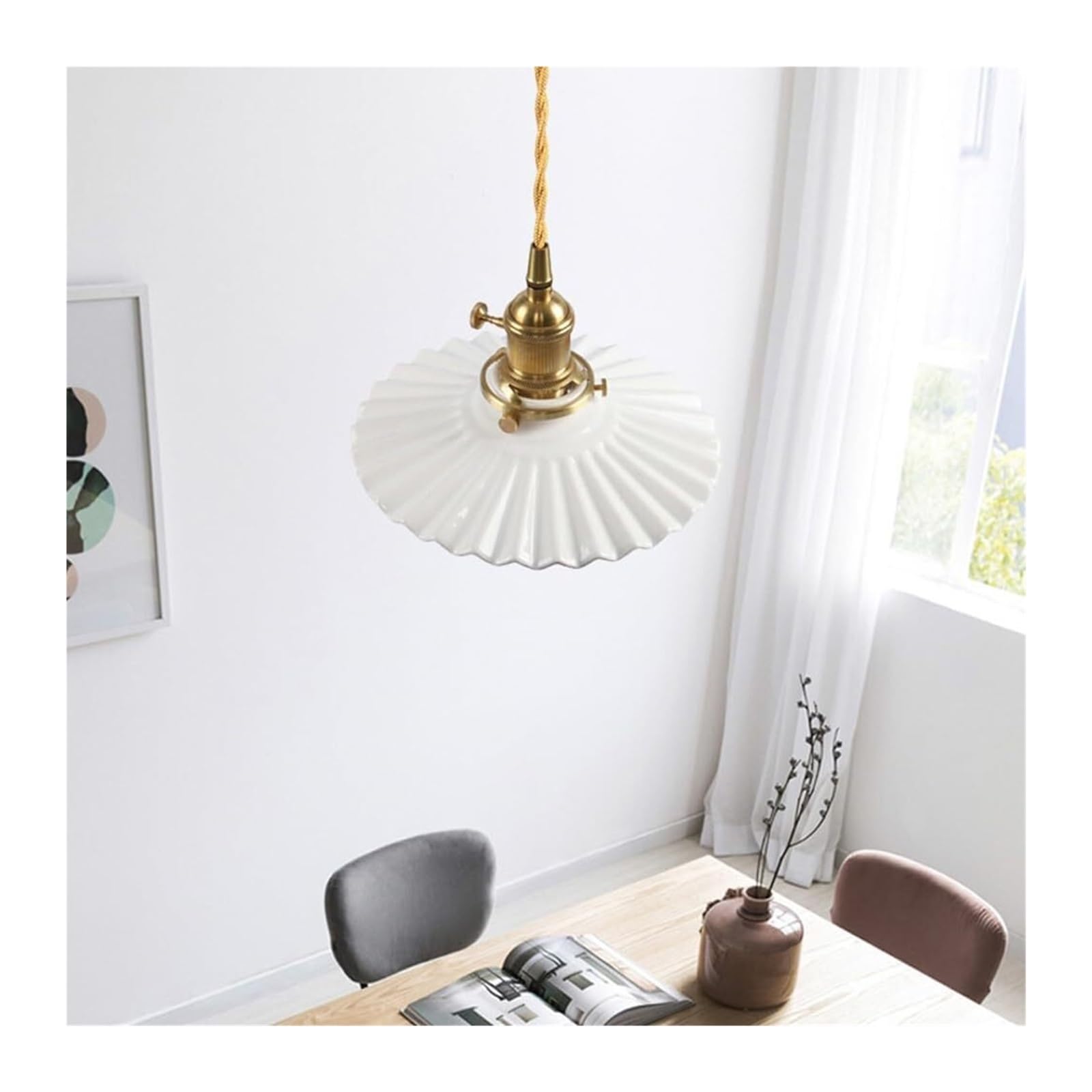 Vintage Gold Farmhouse Pendant Light - Adjustable Glass Single Hanging Chandelier with Pleated Ceramic Shade for Bedroom, Kitchen, Dining Room & Living Room Lighting (White)
