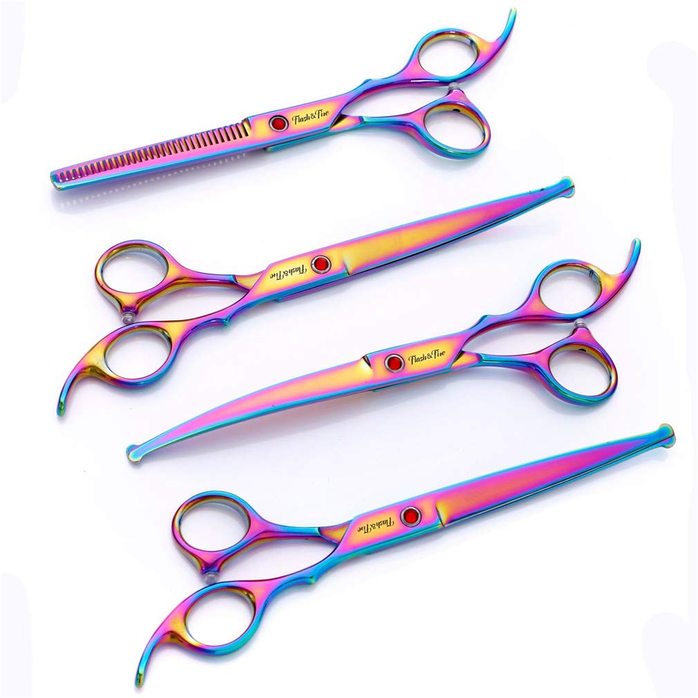 Premium 4-Piece Stainless Steel Pet Grooming Scissors Set for Dogs & Cats - Straight, Thinning, Curved Scissors & Comb - Professional Pet Hairdressing Shears for Home Grooming & Salon Use