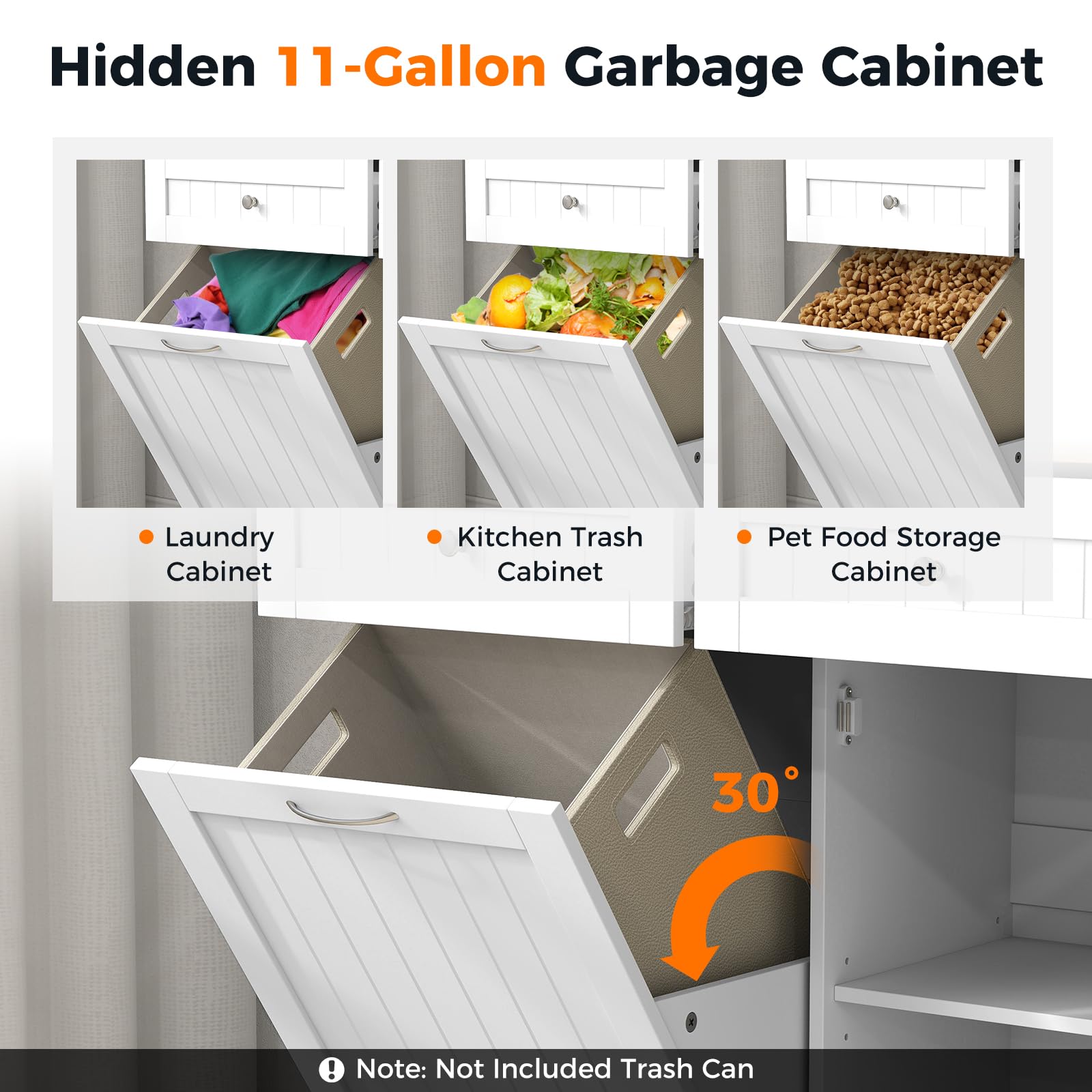 Tilt Out Trash Cabinet - White Kitchen Island with 2 Drawers, Adjustable Shelf & Rubber Wood Countertop | Freestanding Laundry Hamper & Pet Proof Garbage Can Holder with Recycle Bins | Perfect for Small Kitchens, Laundry Rooms & Pet-Friendly Homes
