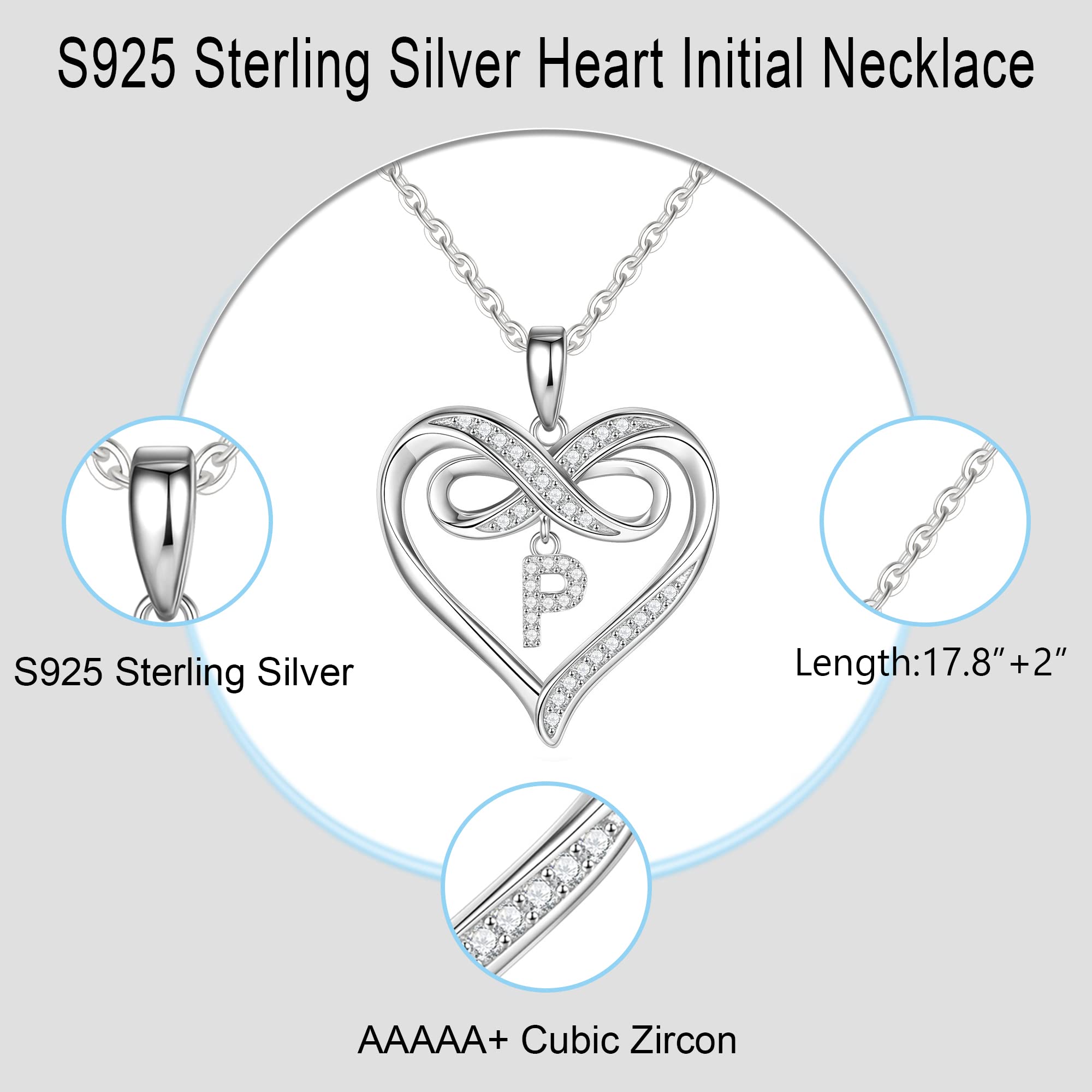 Infinity Heart Initial Necklace for Women - 925 Sterling Silver Personalized Name Necklace | Dainty Heart Pendant Jewelry Gift for Her | Perfect for Valentine's Day, Anniversary, Birthday & Everyday Wear