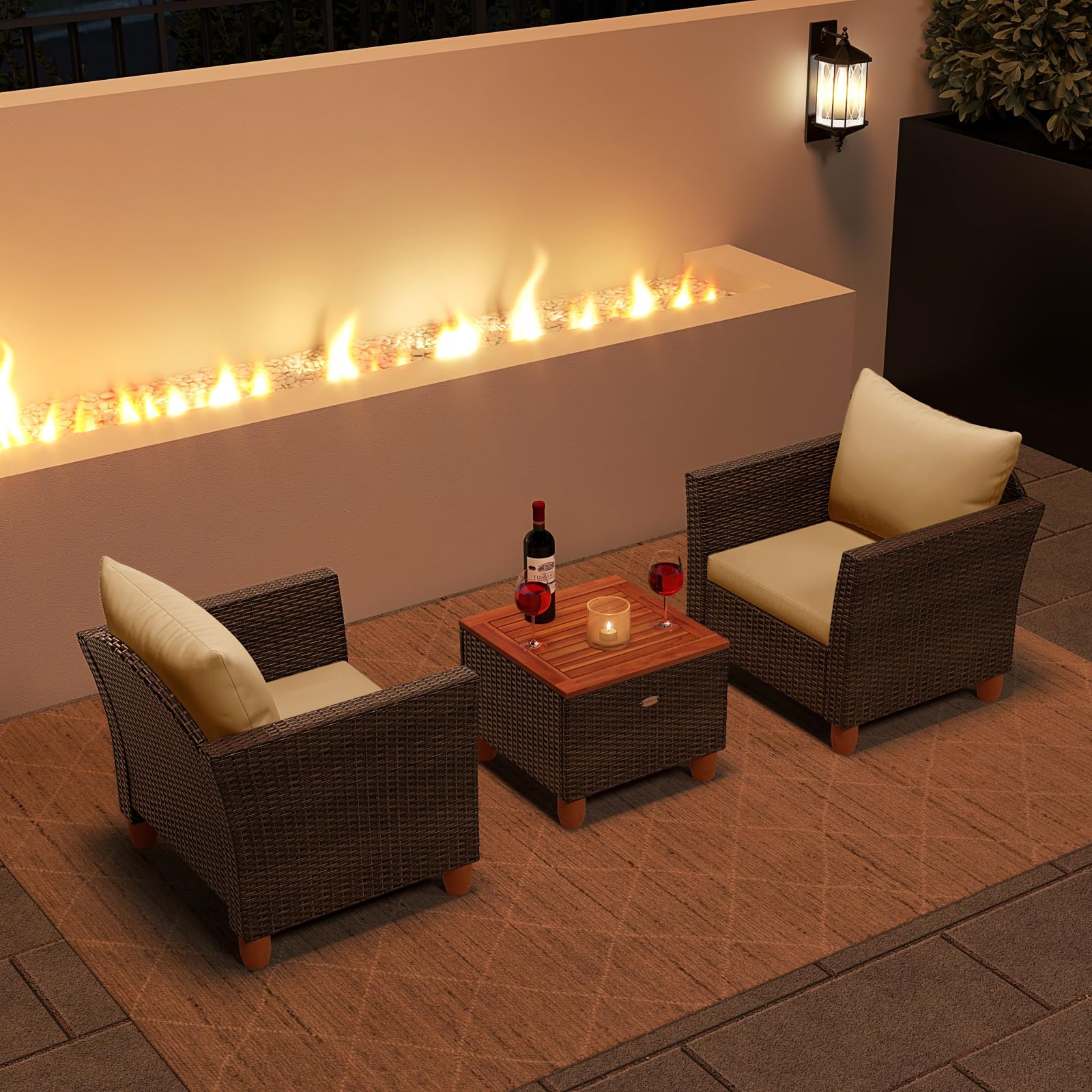 Tangkula 3-Piece Outdoor Patio Furniture Set - PE Wicker Bistro Set with Acacia Wood Frame & Soft Cushions - Perfect for Porch, Balcony, Garden & Backyard Relaxation (Beige)