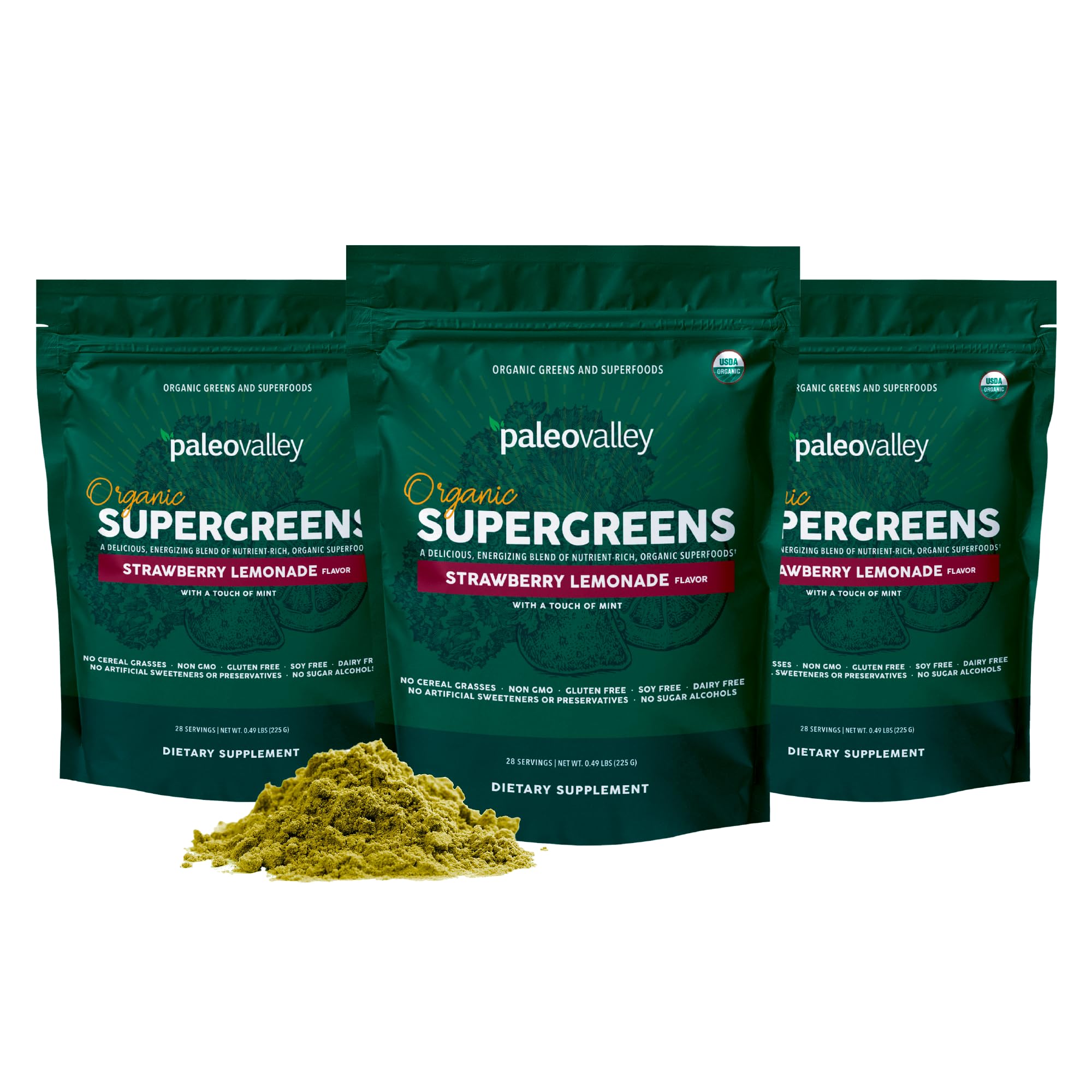 Paleovalley Organic Supergreens Powder - 23 Organic Superfoods Blend, Gluten Free, No Cereal Grasses, Soy or Grains - Paleo Green Powder Supplement (3 Pack, 28 Servings) - Perfect for Smoothies, Juices & Healthy Lifestyle Boost