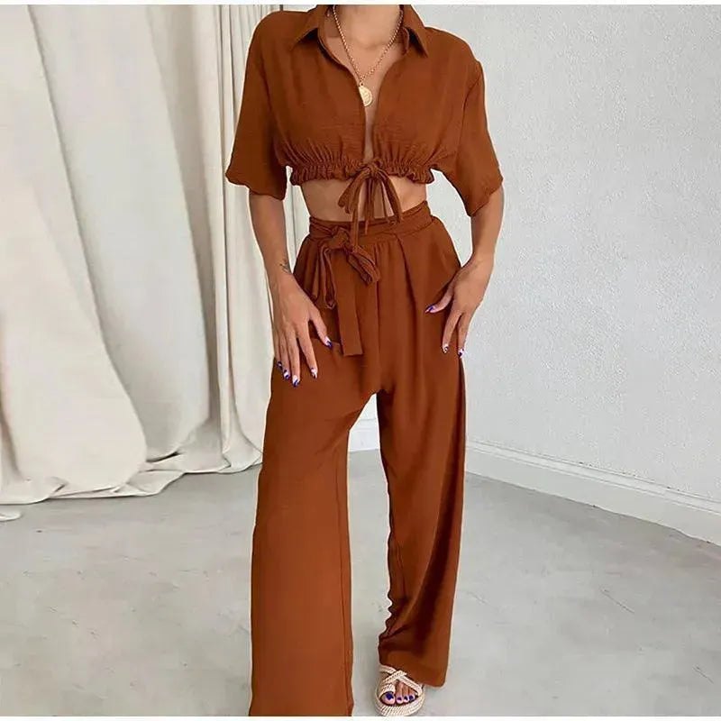 Stylish Women's Casual Wide Leg Two Piece Outfit Set - Comfortable Lounge Wear for Home, Office & Travel