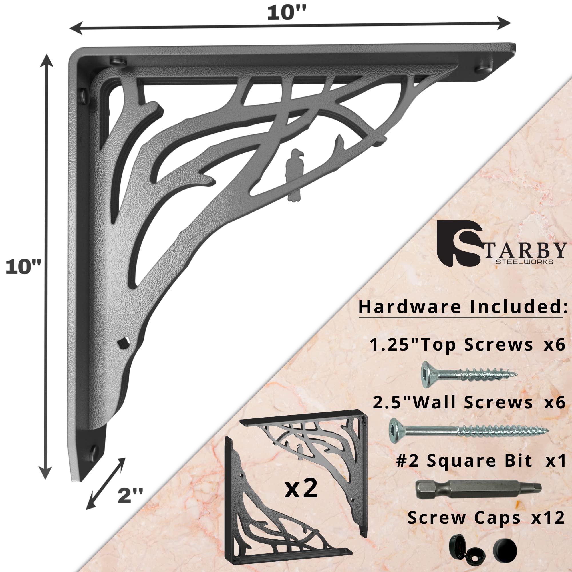 Starby Angel Oak Heavy Duty Shelf Bracket Kit - 10x10 Inch Metal Shelving Brackets (Set of 2) - Decorative Countertop Corbel & Mantel Support with Cast Iron Finish - Perfect for Kitchen Shelves, Bookshelves & Wall Mounting