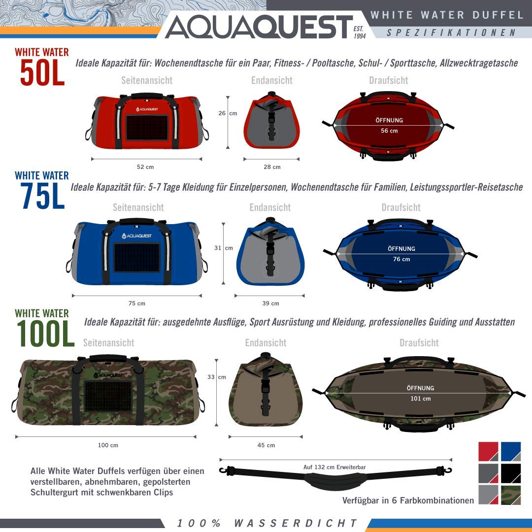 AquaQuest White Water Duffel - 100% Waterproof Heavy Duty Dry Bag for Travel, Sports, Motorcycle, Boat & Fishing - 50L/75L/100L Sizes - Durable & Comfortable Gear for Outdoor Adventures, Camping & Water Activities