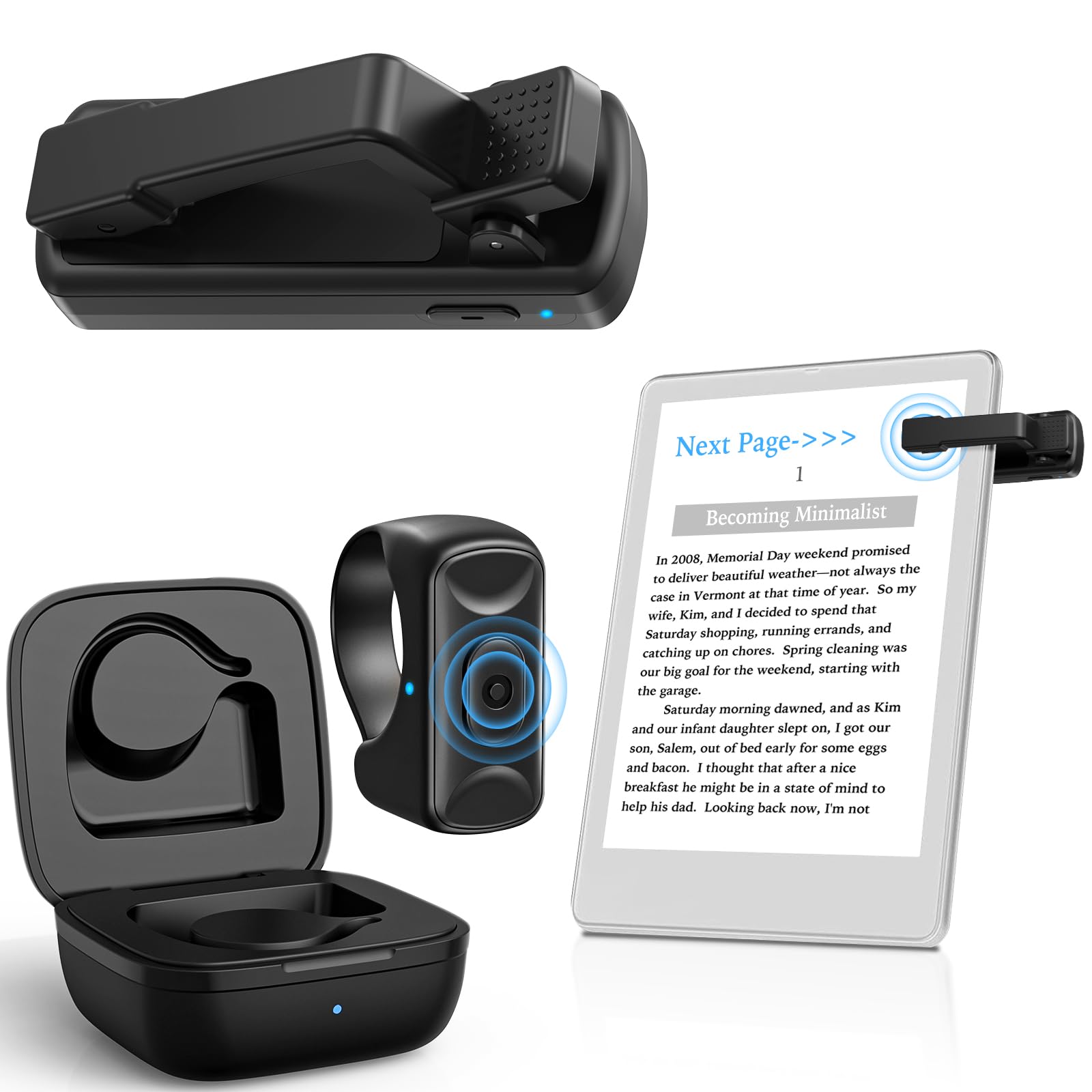 Wireless Page Turner Remote for Kindle Paperwhite, Oasis, Kobo eReaders & iPad - Camera/Video Remote Control - Works with Thick Cases - Perfect for Reading, Photography & Video Recording Hands-Free