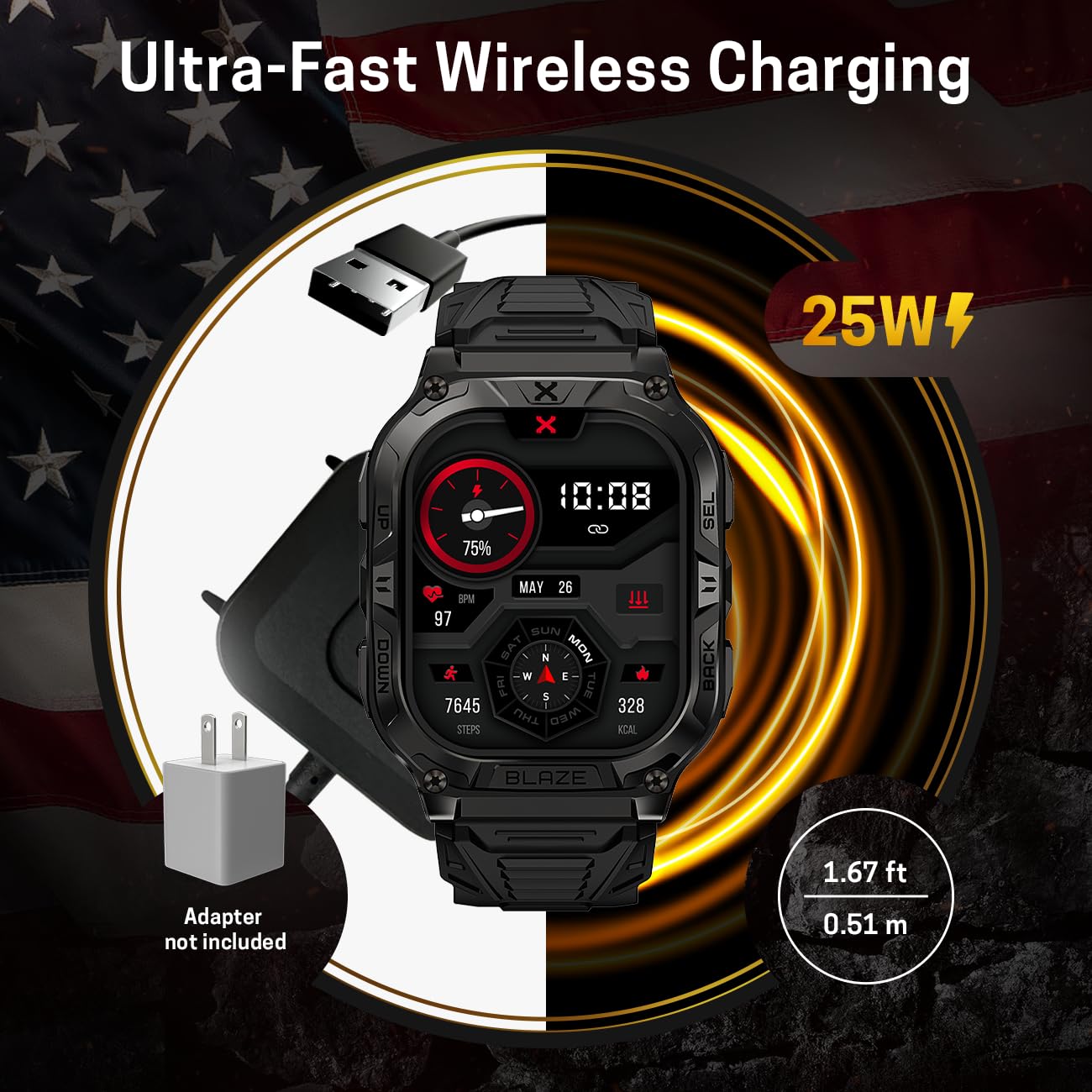 CARBINOX Blaze Smart Watch with GPS & Charger - Rugged IP69K Waterproof Fitness Tracker for Android & iOS - 170+ Sports Modes, Gorilla Glass Screen, Call Function - Ideal for Outdoor Activities, Running, Hiking & Swimming (Square)