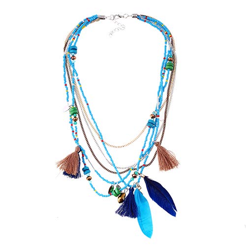 Boho Ethnic Style Women's Necklace - Blue Feather Tassel Beaded Multi-Layer Chain Jewelry | Perfect for Festivals, Beach Parties & Boho Fashion Outfits