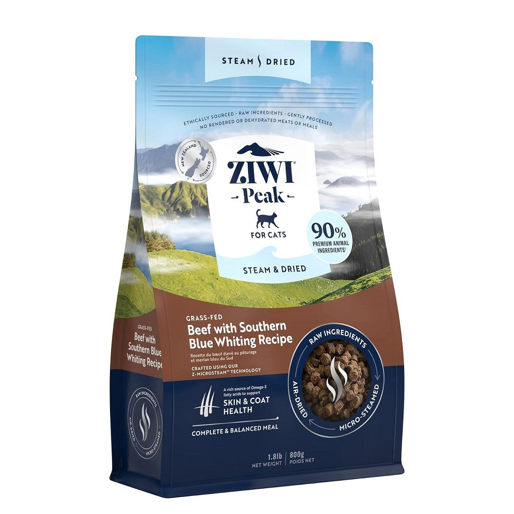 Premium Steam & Dried Grass-Fed Beef with Southern Blue Whiting Cat Food - High Protein, Grain-Free Natural Treats for Adult Cats - Perfect for Training Rewards & Mealtime Toppers