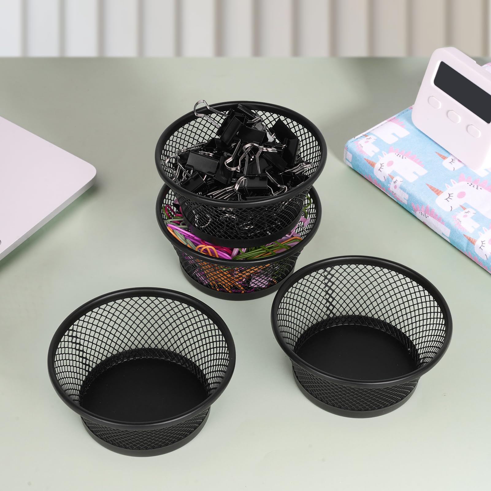Metal Mesh Paper Clip Holder & Binder Clip Organizer - 4-Pack Black Desk Organizer for Office, School, Home - Perfect for Paperwork, Filing & Stationery Storage
