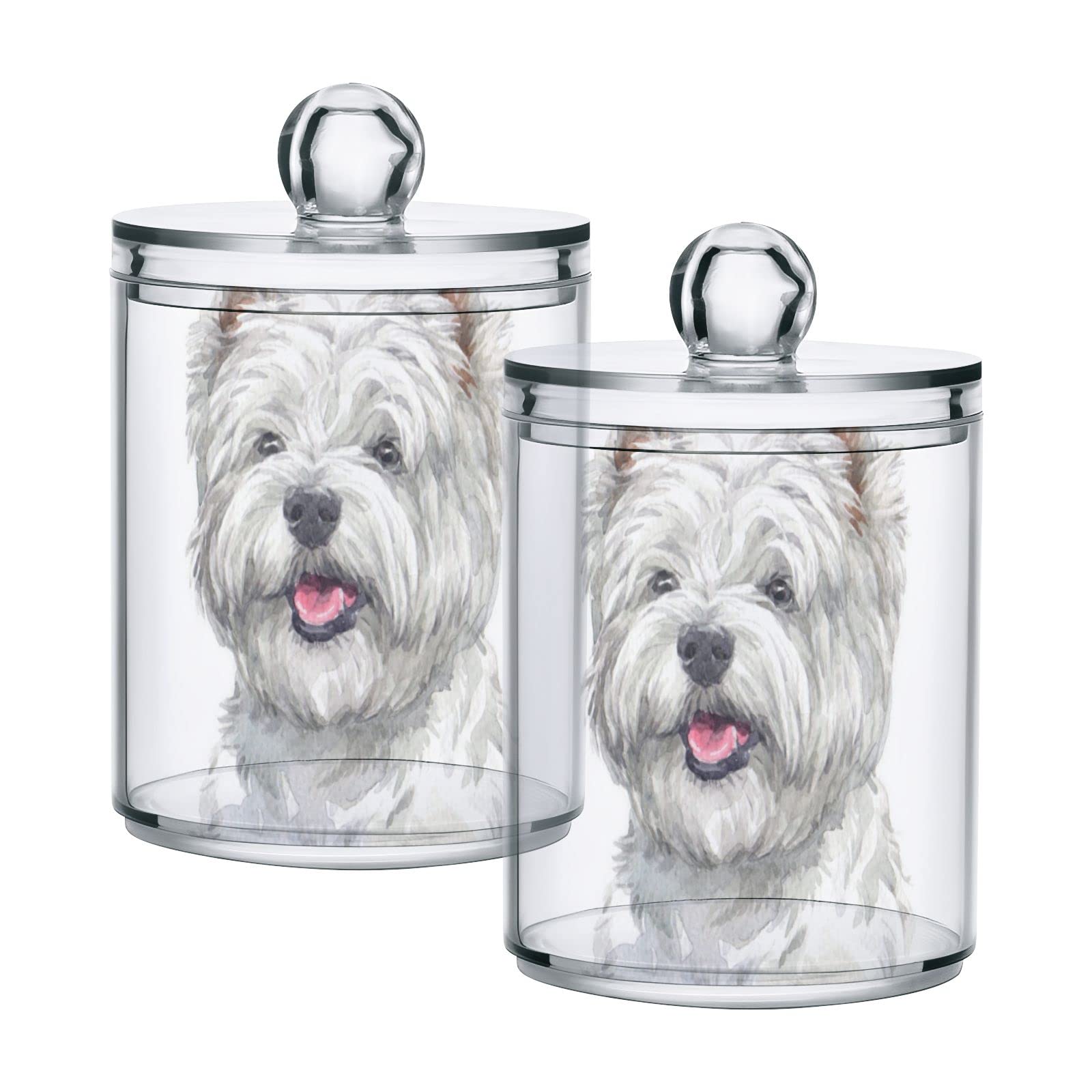 Hand-Painted West Highland White Terrier Dog Design Plastic Storage Jars with Lids - Set of 4 (10oz Translucent Food Containers) for Tea, Cookies, Cotton Swabs & Canning | Airtight Kitchen & Pantry Organization for Dry Goods, Spices & Baking Supplies