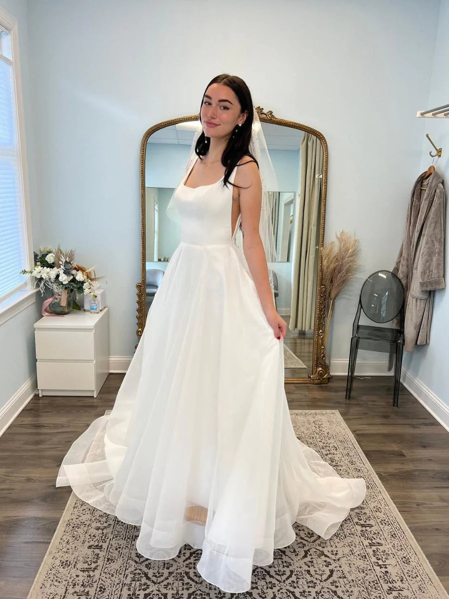 Elegant A-Line Minimalist Wedding Dress - Drop Waist Satin Gown for Women | Perfect for Beach, Church & Outdoor Ceremonies