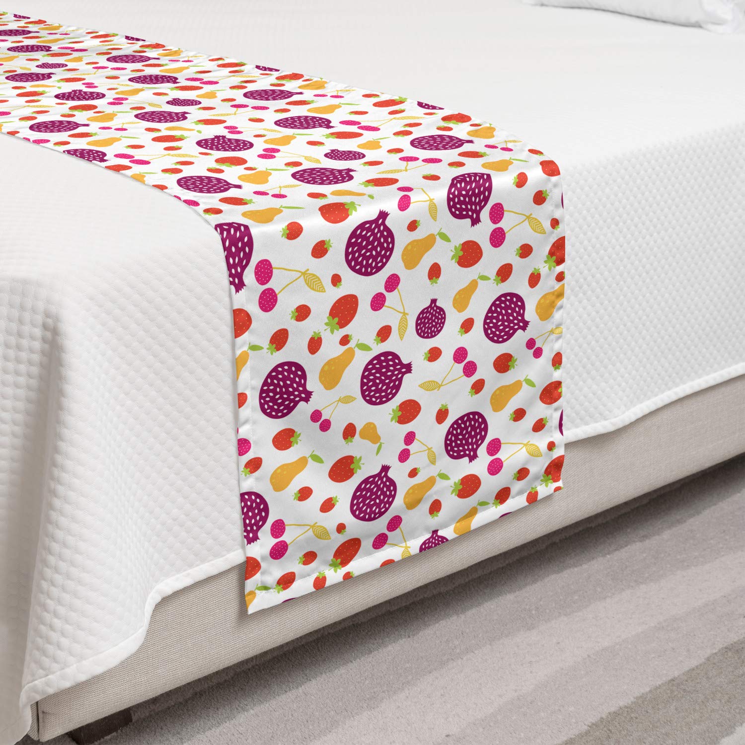 Ambesonne Fruit Art Bed Runner - Pomegranates, Cherries, Strawberries & Pears on Plain Background | Decorative Bedding Scarf for Twin Beds in Dark Magenta & Mustard | Perfect for Hotels, Homes & Guestrooms | Elegant Table Runner Alternative for Dining Room Decor