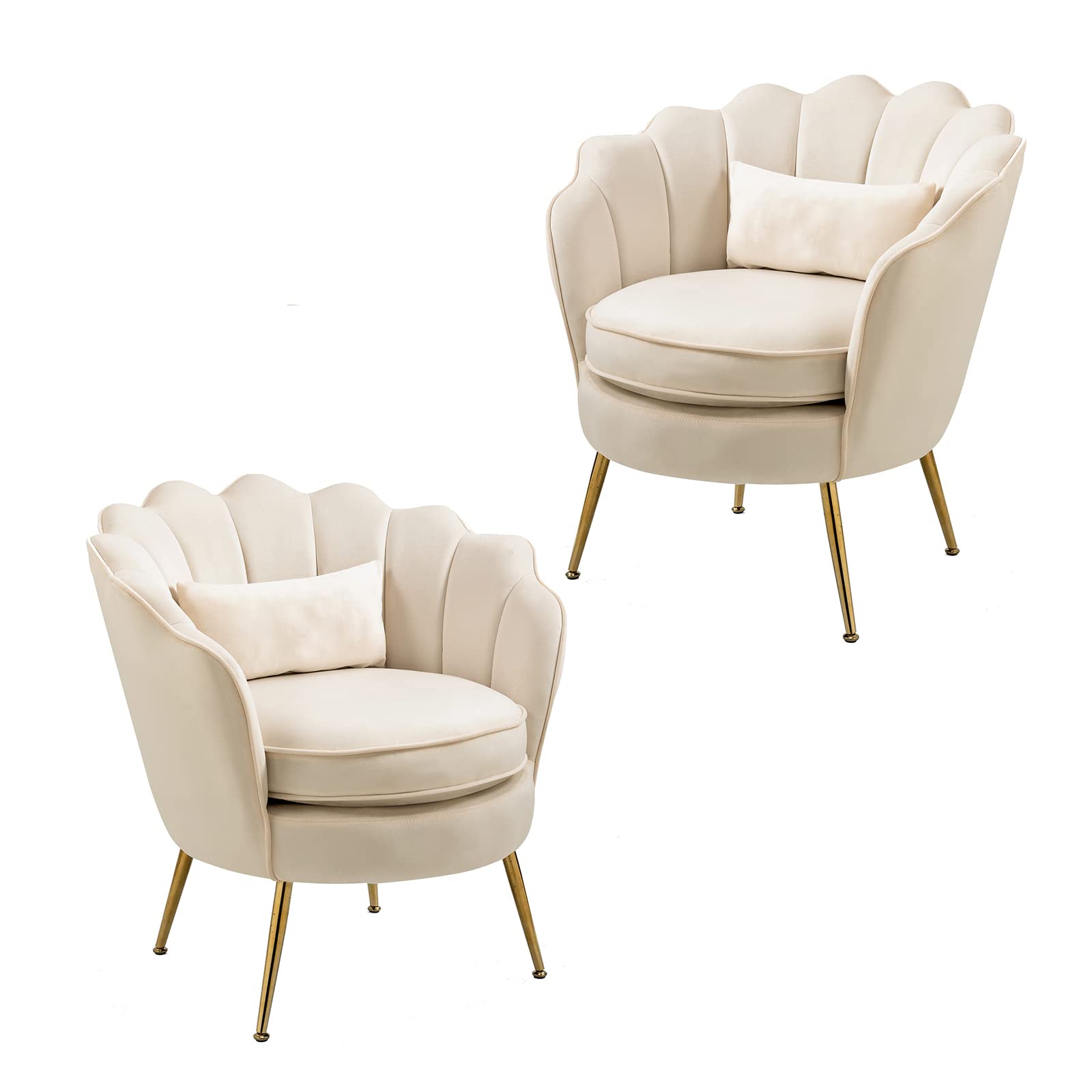 Modern Velvet Accent Chairs Set of 2 - Golden Metal Legs Living Room Armchairs for Bedroom, Makeup Vanity or Lounge - Soft Beige Upholstered Seating for Home Decor